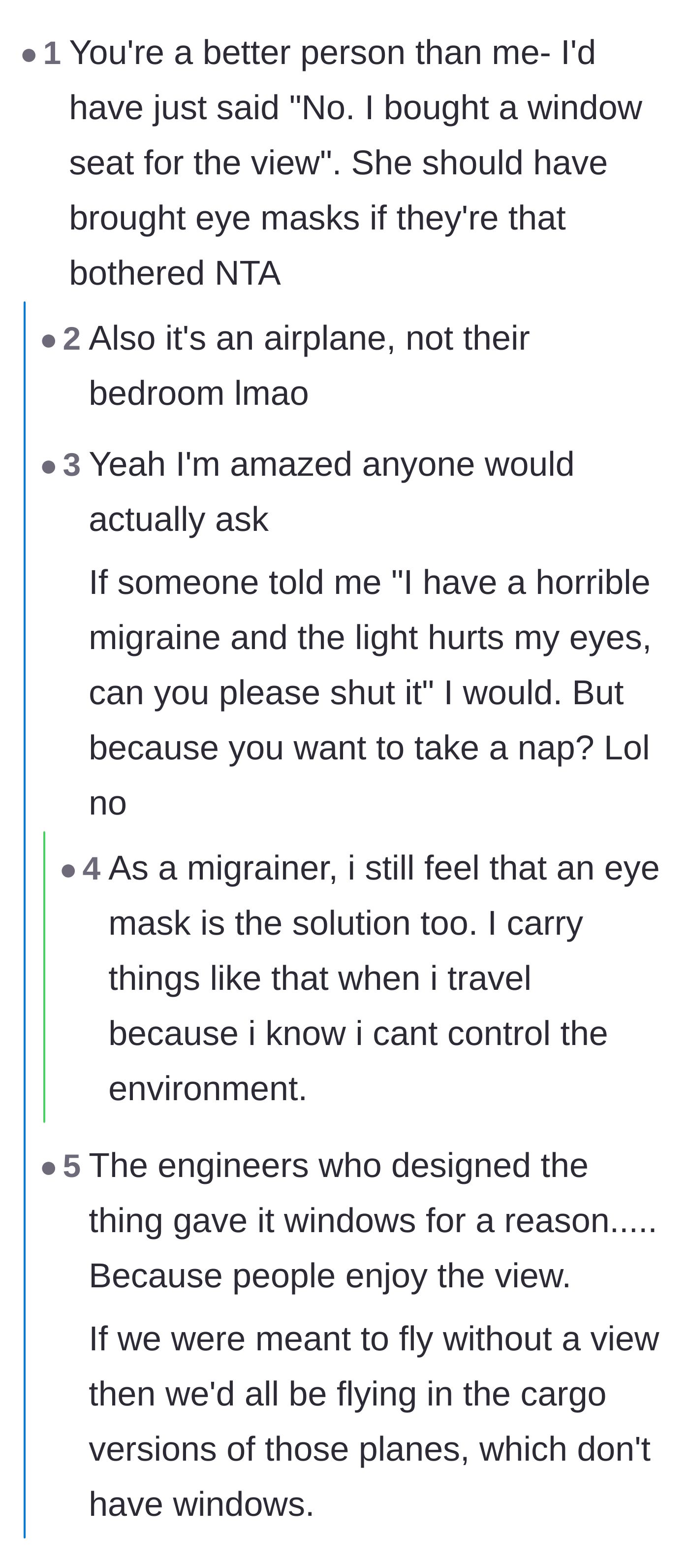 Comment thread 3 - A conversation differentiating between making accommodations for a medical migraine versus an entitled request for a nap.