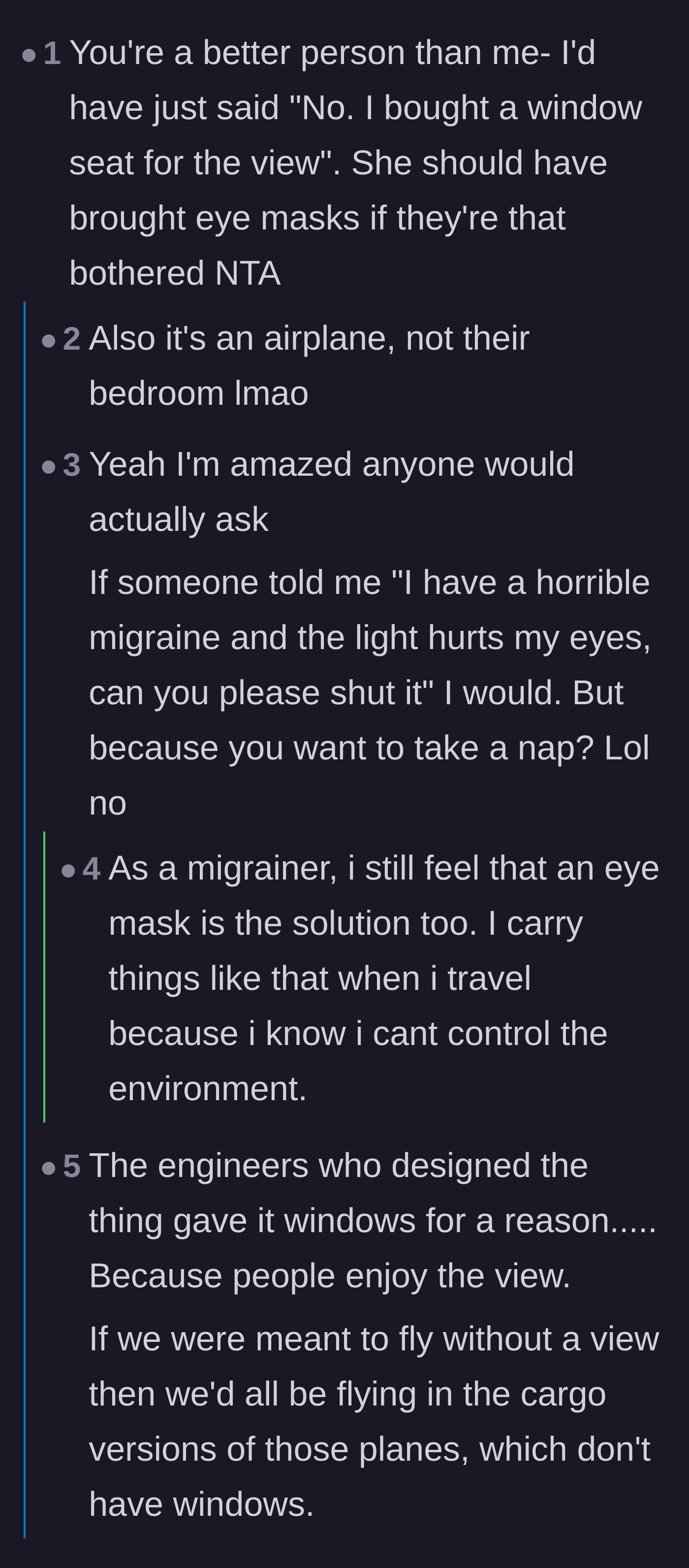 Comment thread 3 - A conversation differentiating between making accommodations for a medical migraine versus an entitled request for a nap.