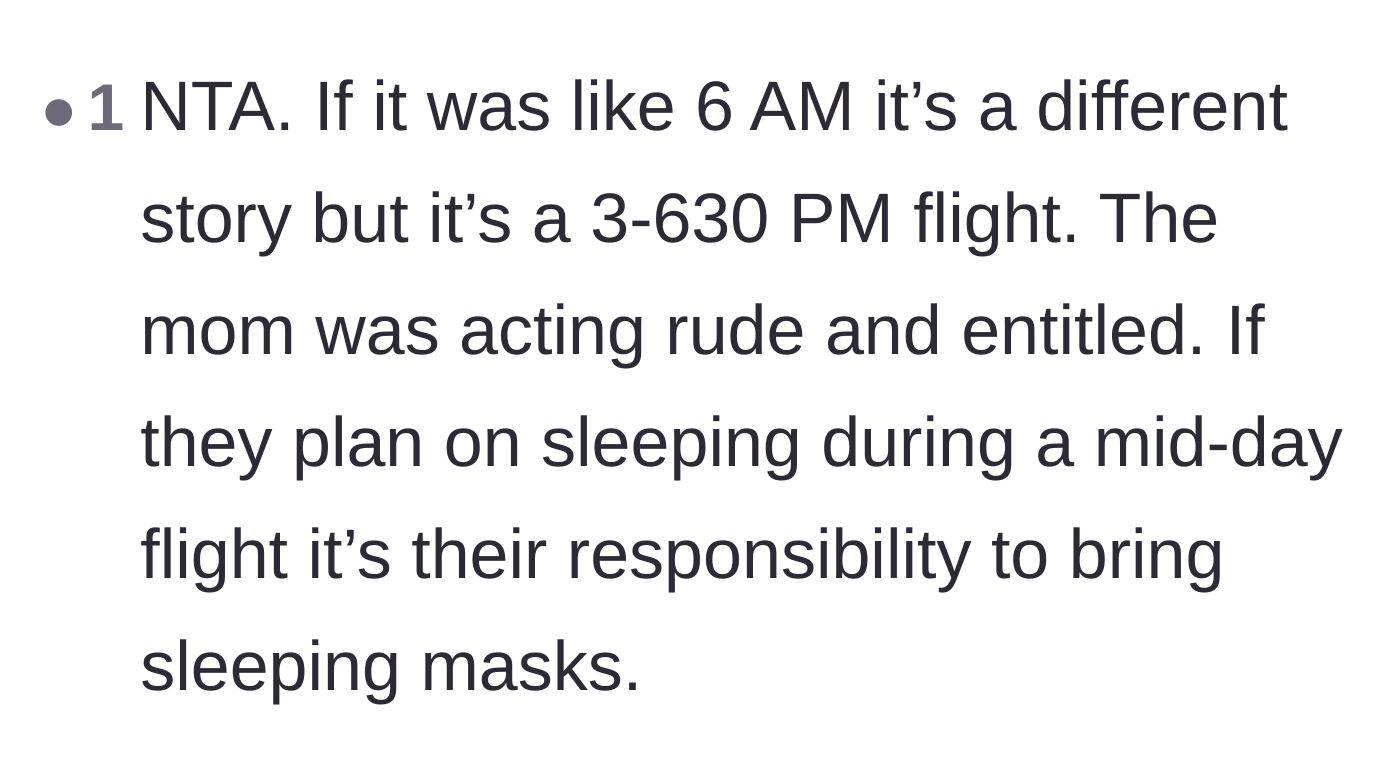 Comment thread 5 - Discussion highlighting that mid-afternoon flights do not carry the same blackout etiquette as overnight travel.