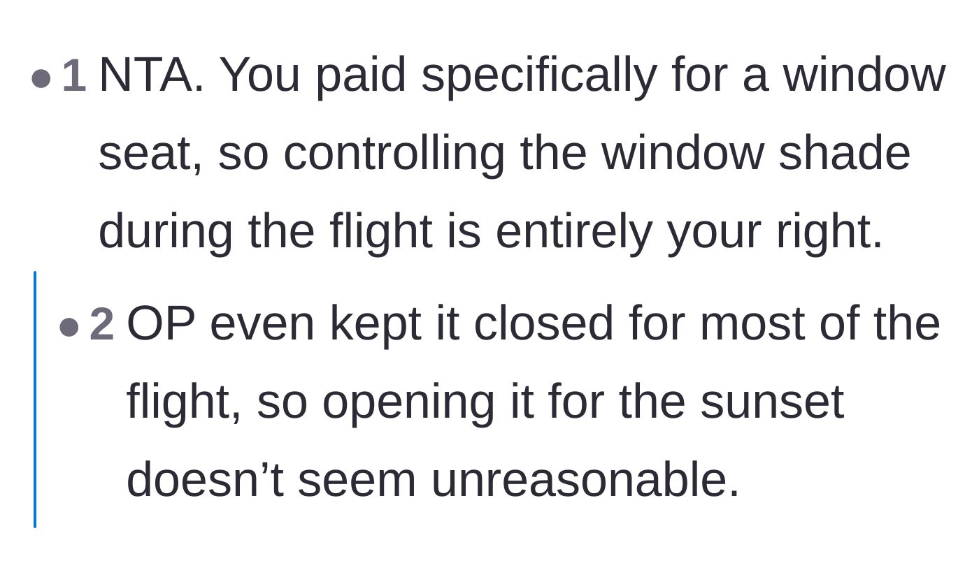 Comment thread 6 - A straightforward verdict affirming that the person who paid for the window seat holds the ultimate authority over the shade.