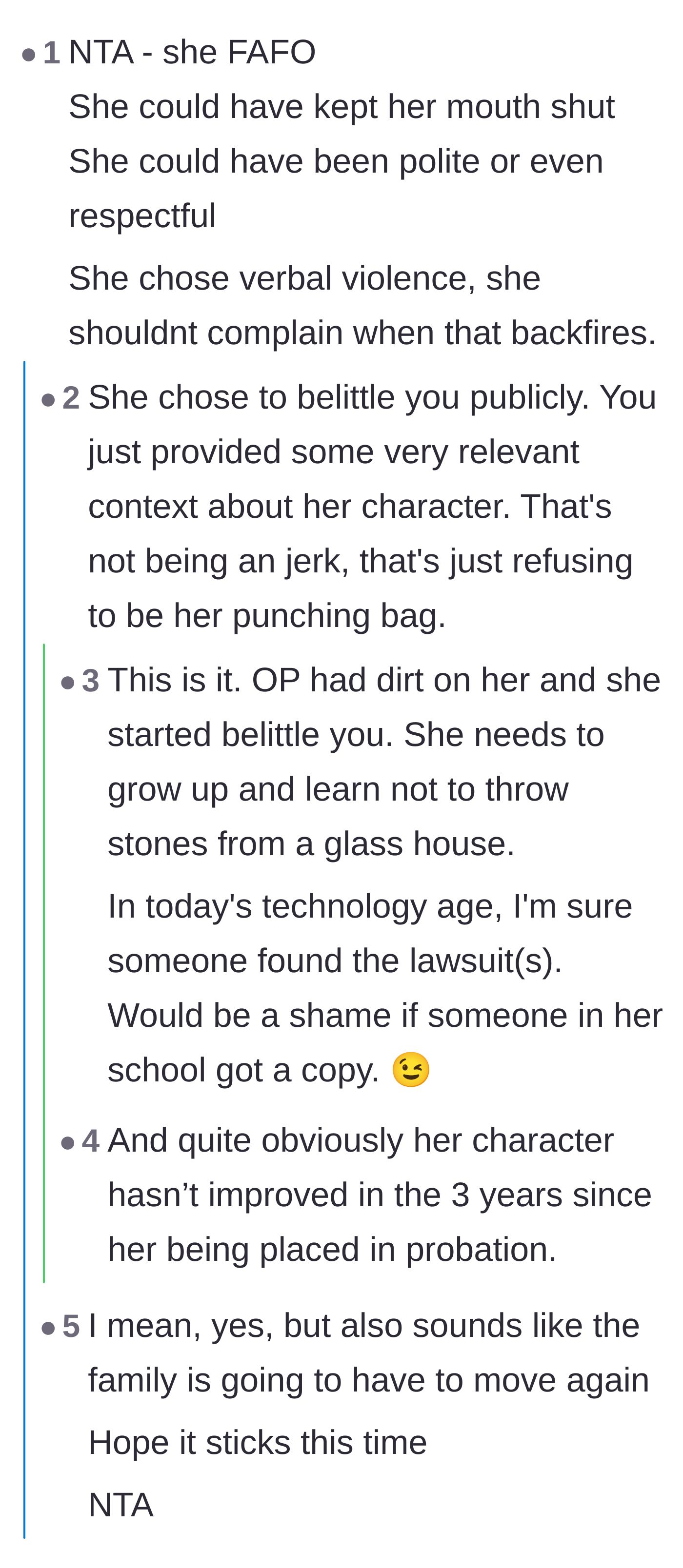 Comment thread 1 - Discussing how the sister brought the retaliation upon herself by throwing stones from a glass house.