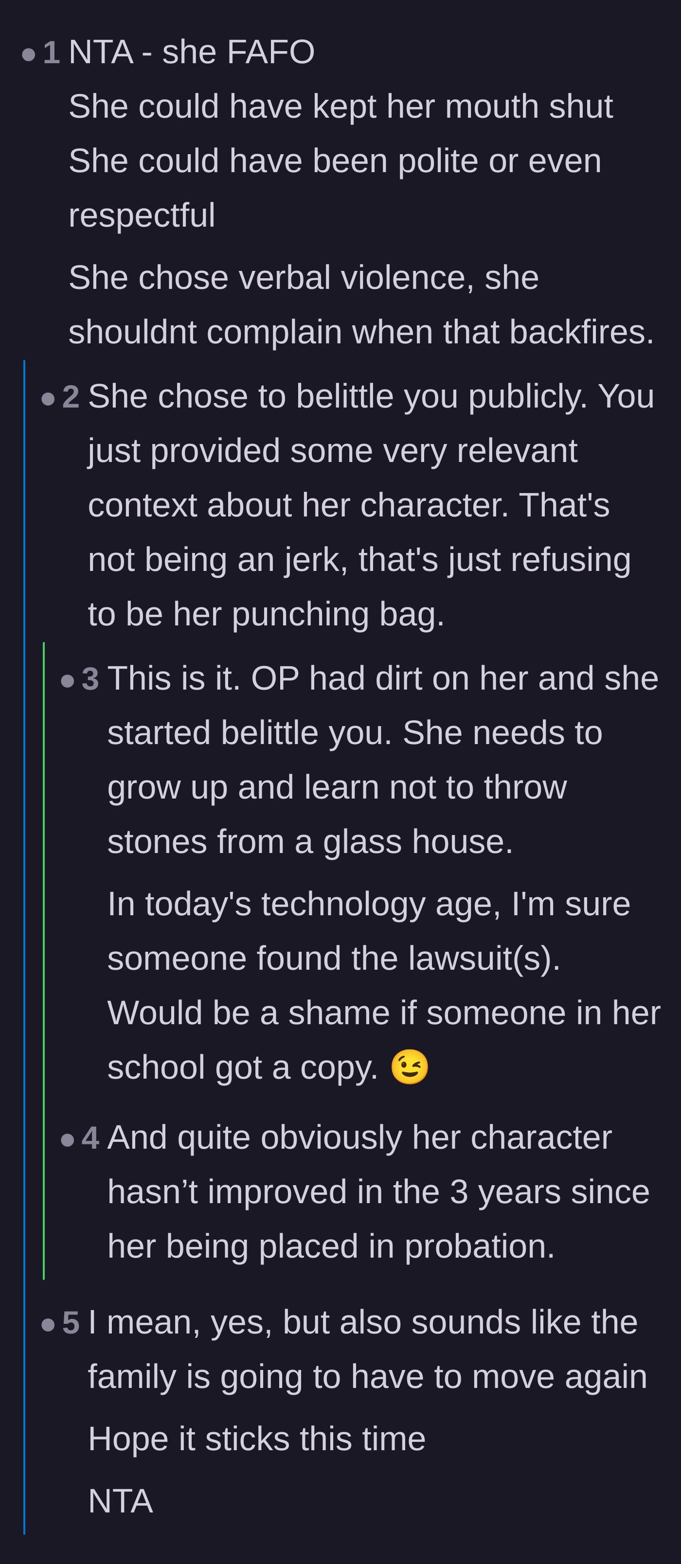 Comment thread 1 - Discussing how the sister brought the retaliation upon herself by throwing stones from a glass house.