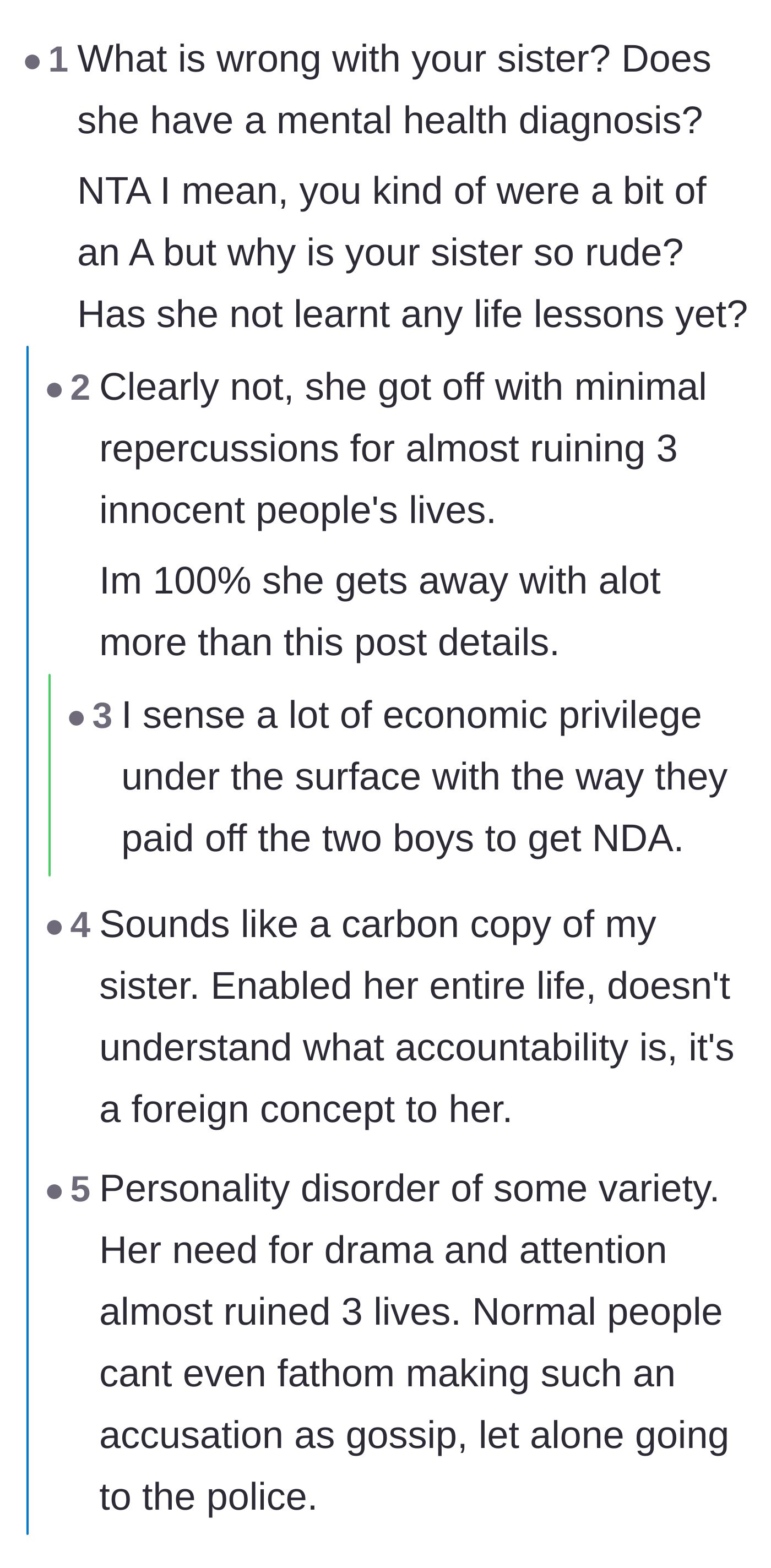 Comment thread 3 - Analyzing the family's economic privilege and the parents' history of enabling the sister's toxic behavior.