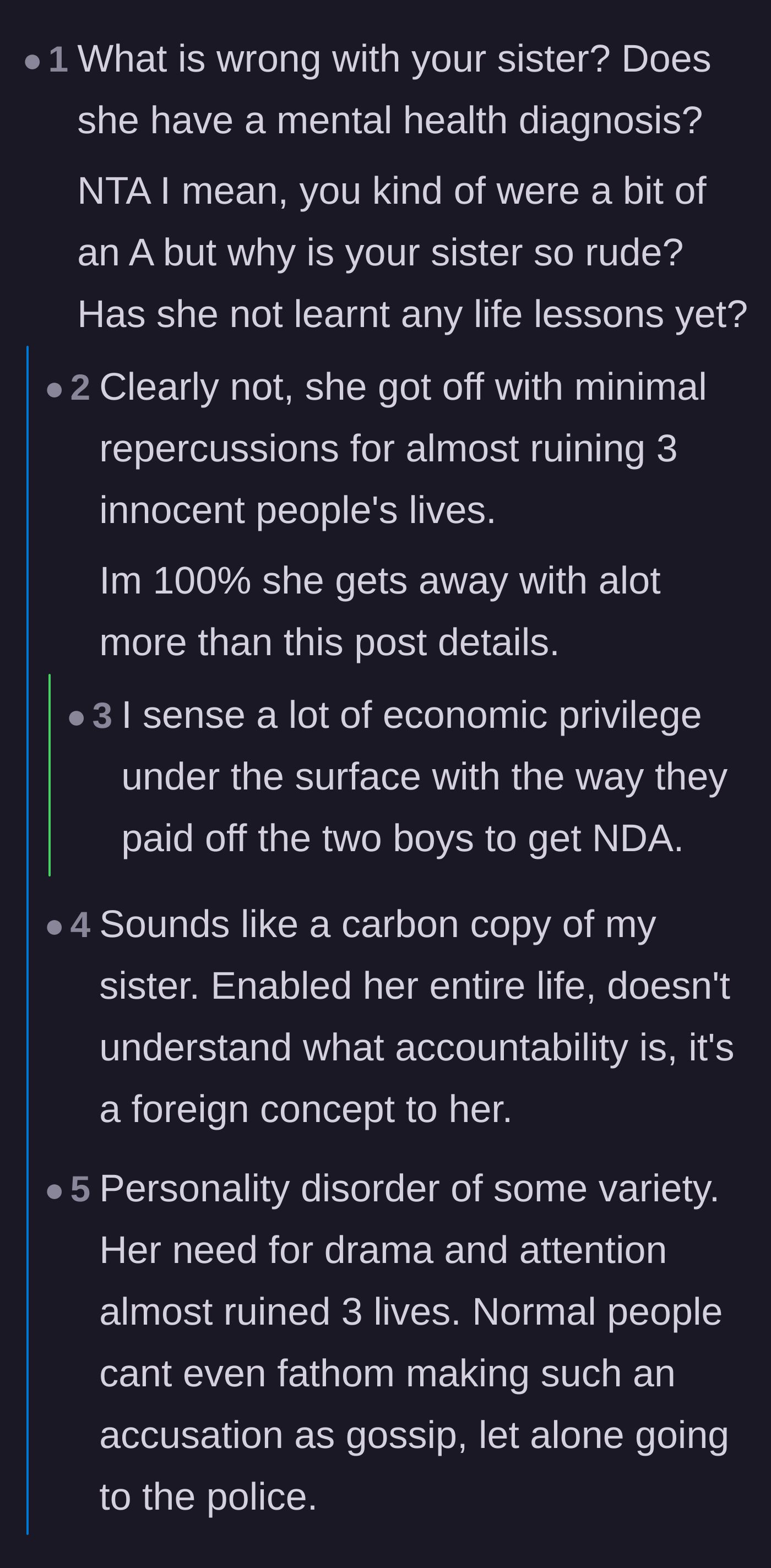 Comment thread 3 - Analyzing the family's economic privilege and the parents' history of enabling the sister's toxic behavior.