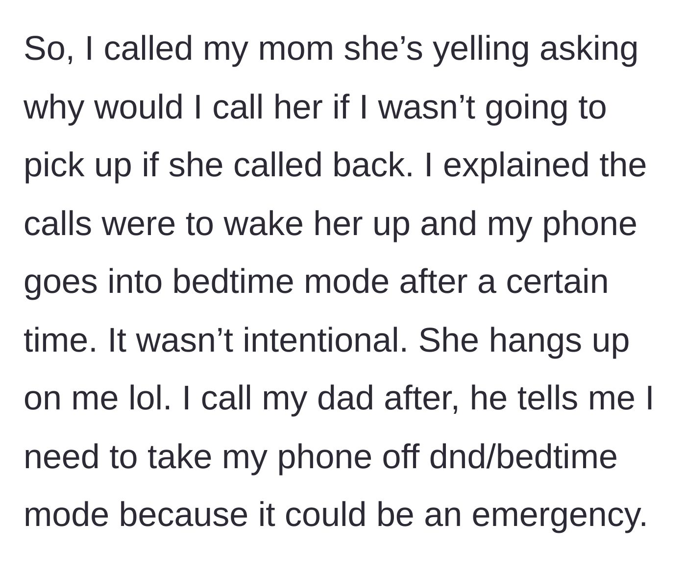 Story part 3 - The mother angrily yells at the daughter for not answering callbacks, hangs up, and the father lectures her about phone settings.