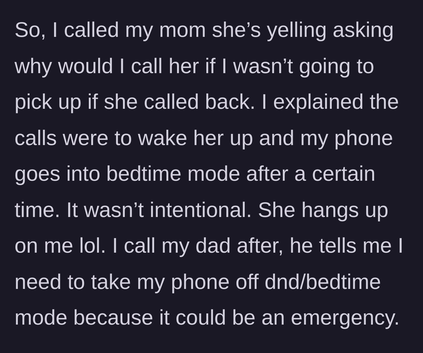 Story part 3 - The mother angrily yells at the daughter for not answering callbacks, hangs up, and the father lectures her about phone settings.
