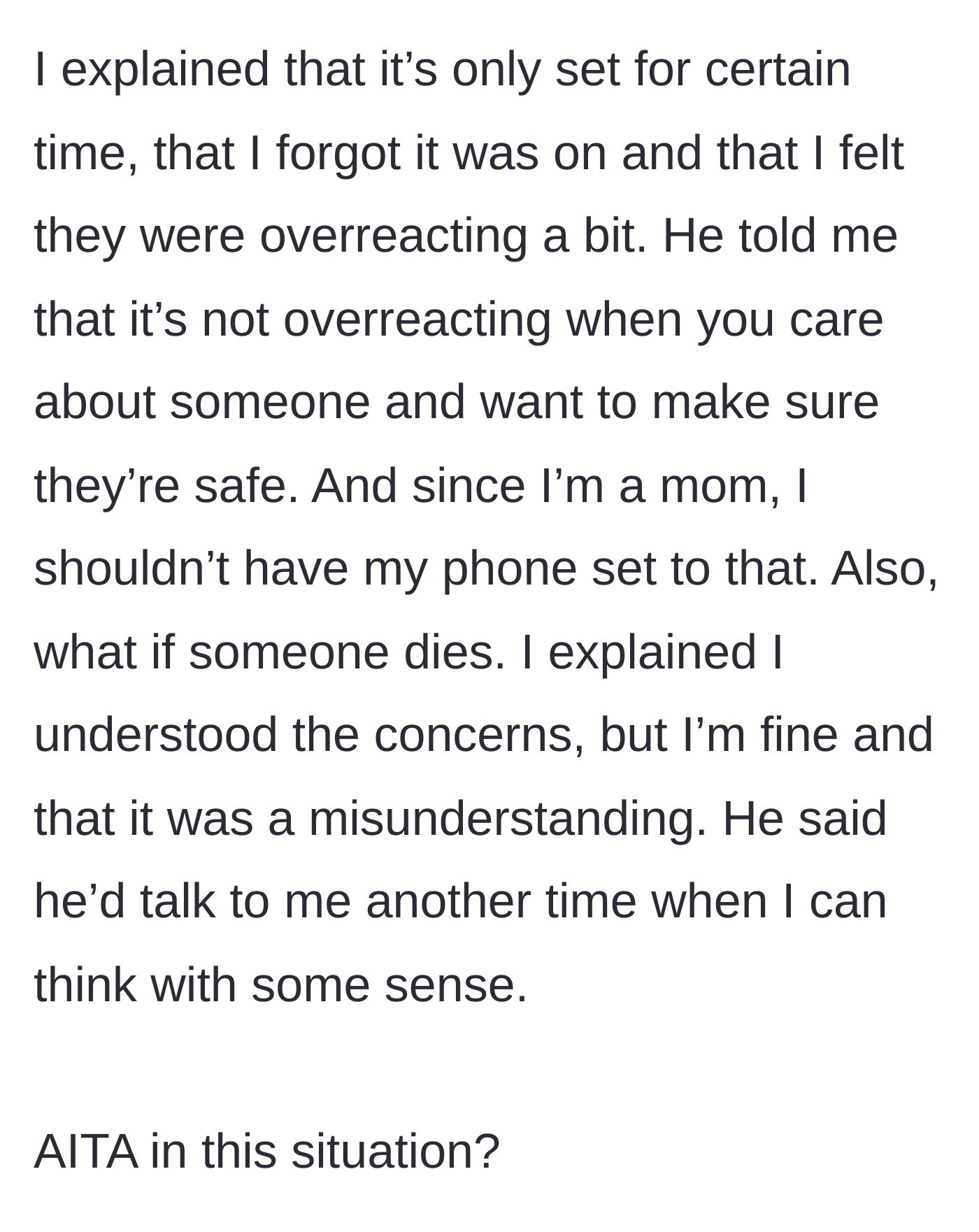 Story part 4 - The father uses extreme guilt-trips about emergencies and her own motherhood to justify their overreaction before dismissing her.