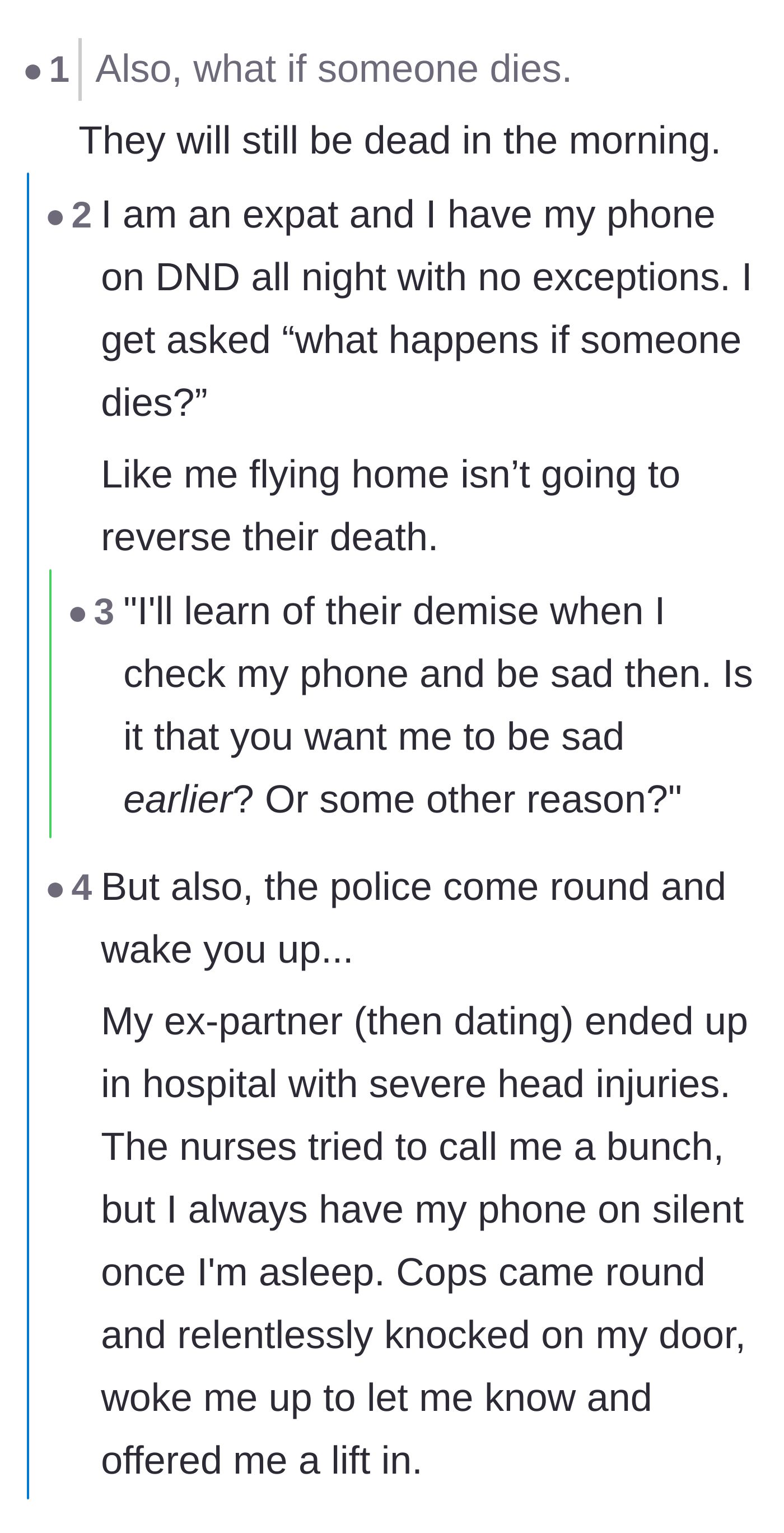 Comment thread 1 - Readers debating the 'what if someone dies' guilt trip and pointing out that bad news can wait until morning.