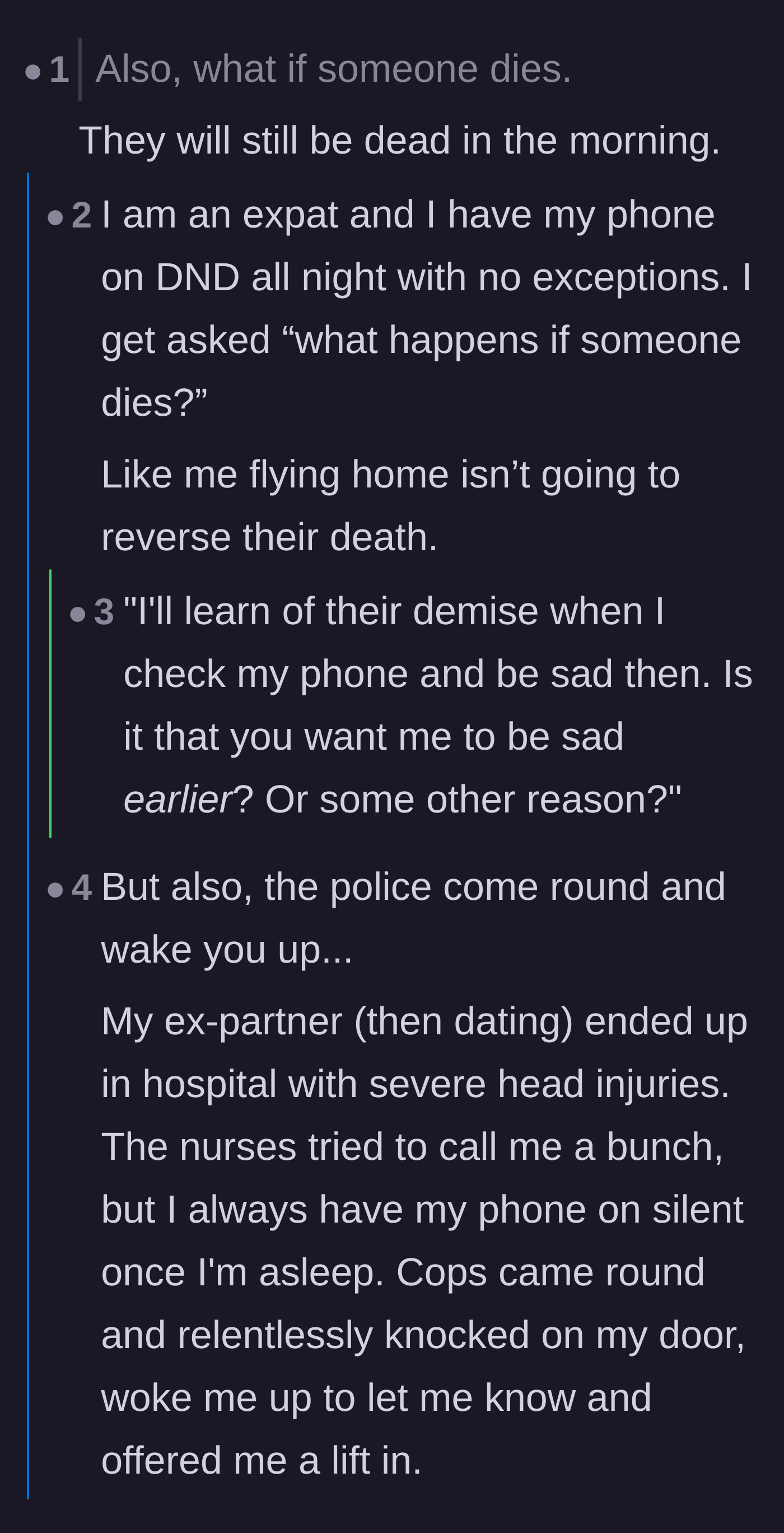 Comment thread 1 - Readers debating the 'what if someone dies' guilt trip and pointing out that bad news can wait until morning.