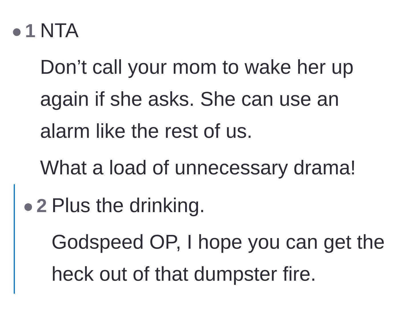 Comment thread 2 - Advice telling the daughter to stop acting as her mother's human alarm clock.