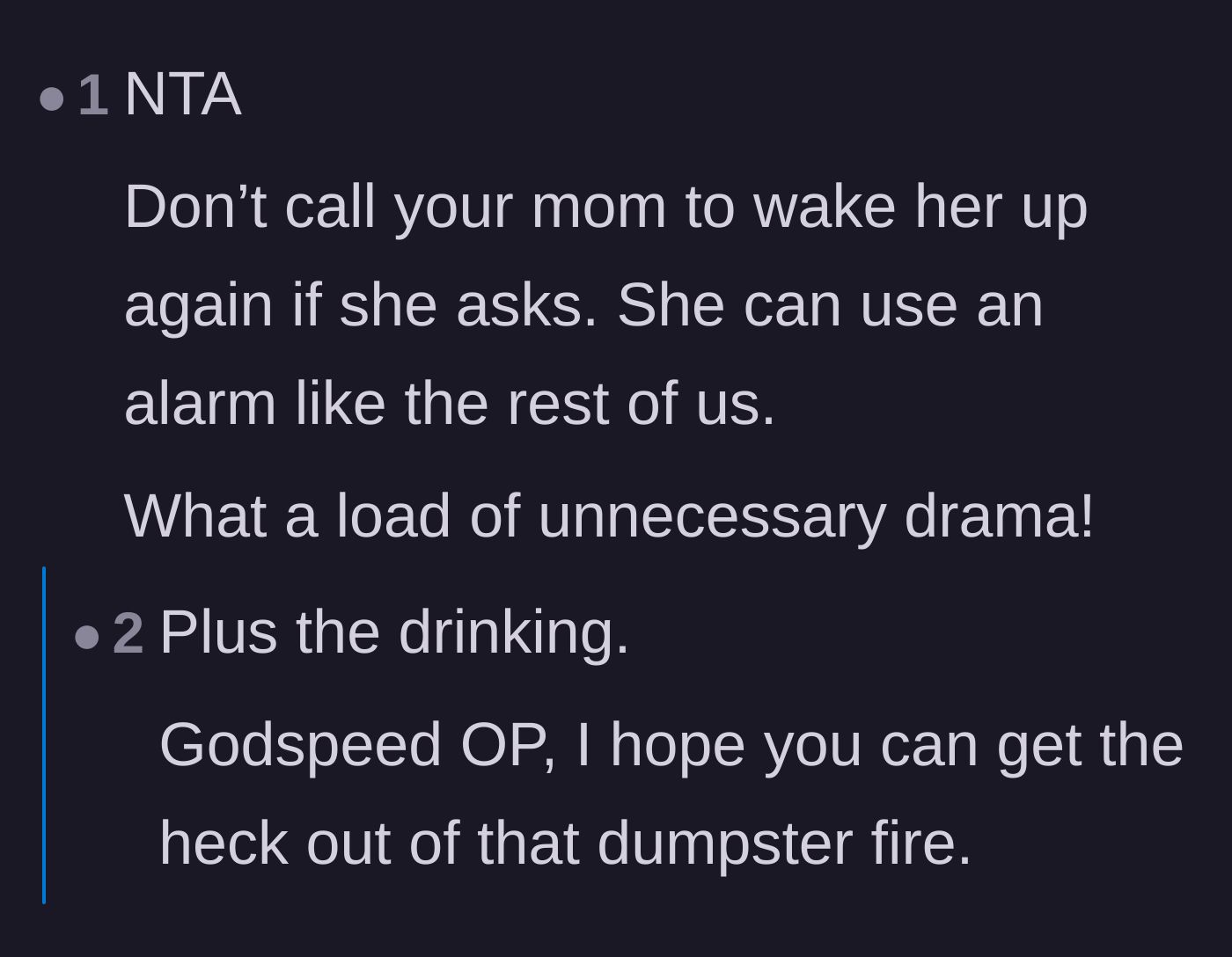 Comment thread 2 - Advice telling the daughter to stop acting as her mother's human alarm clock.