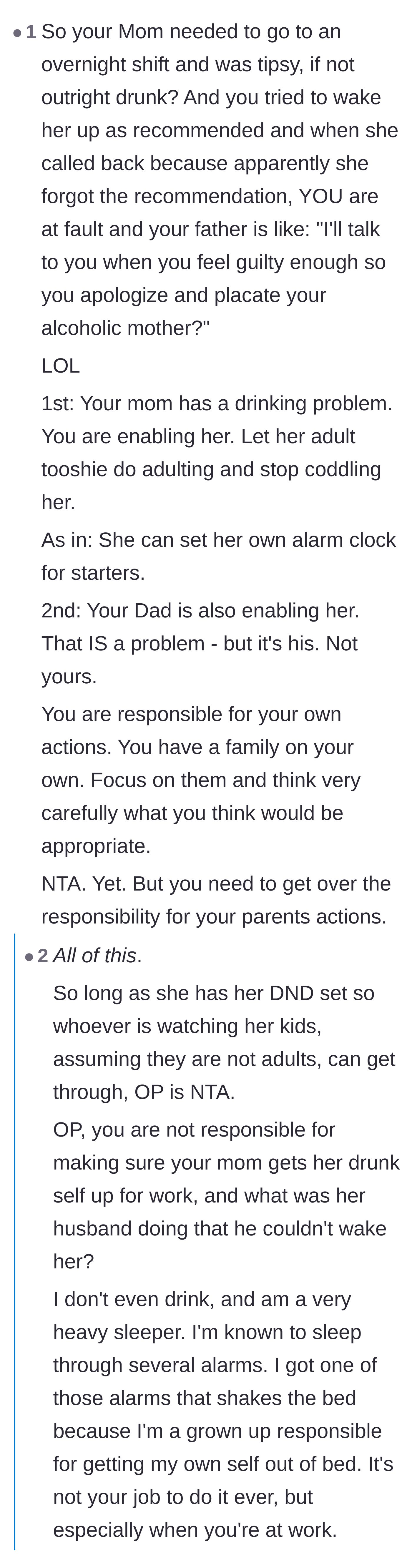 Comment thread 3 - A deep dive into how the parents' dynamic is toxic and how the daughter is being forced to enable her mother's drinking problem.