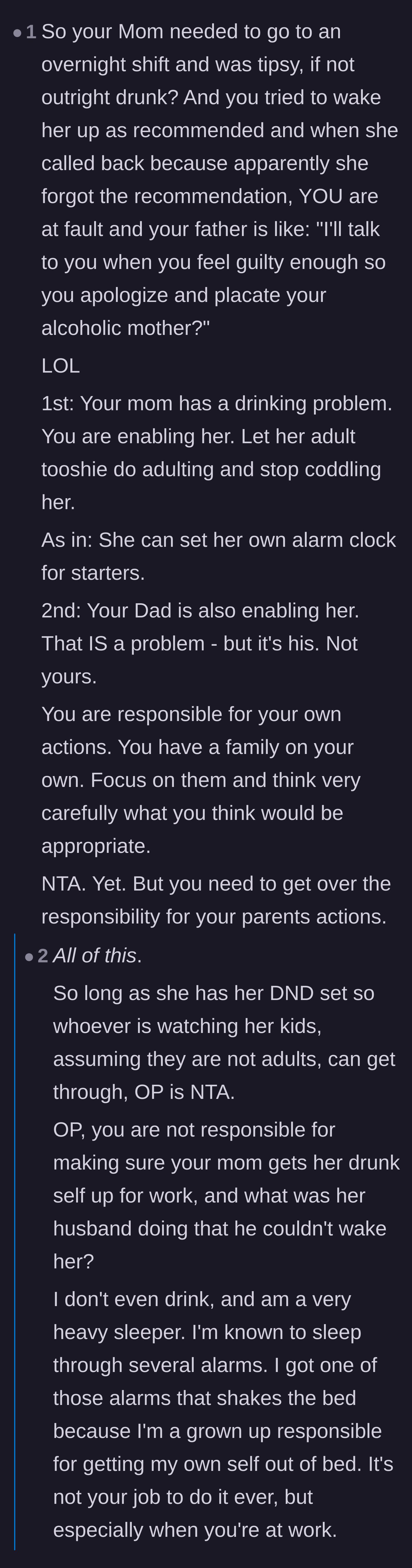 Comment thread 3 - A deep dive into how the parents' dynamic is toxic and how the daughter is being forced to enable her mother's drinking problem.