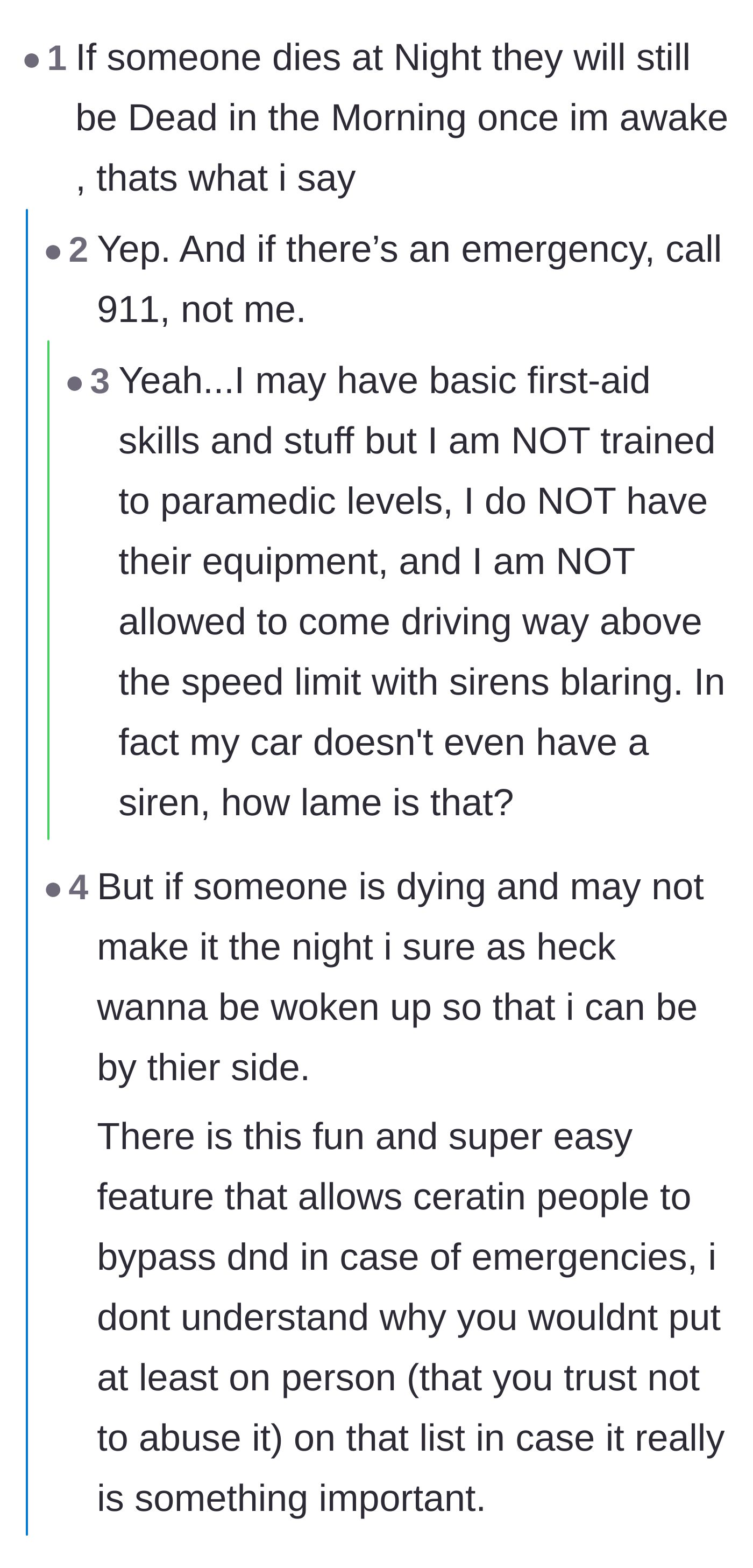 Comment thread 4 - A discussion about phone bypass settings and why emergency contacts shouldn't be people who abuse the privilege.