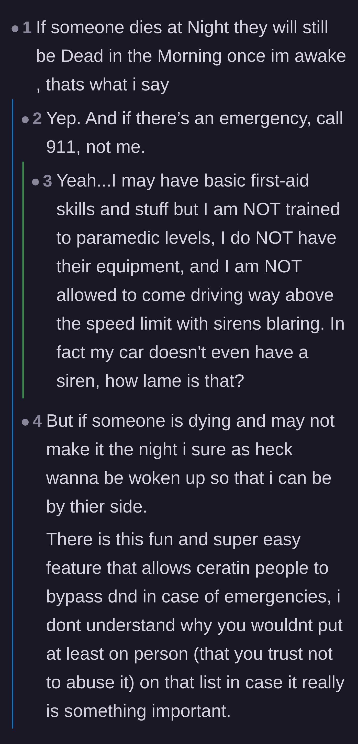 Comment thread 4 - A discussion about phone bypass settings and why emergency contacts shouldn't be people who abuse the privilege.