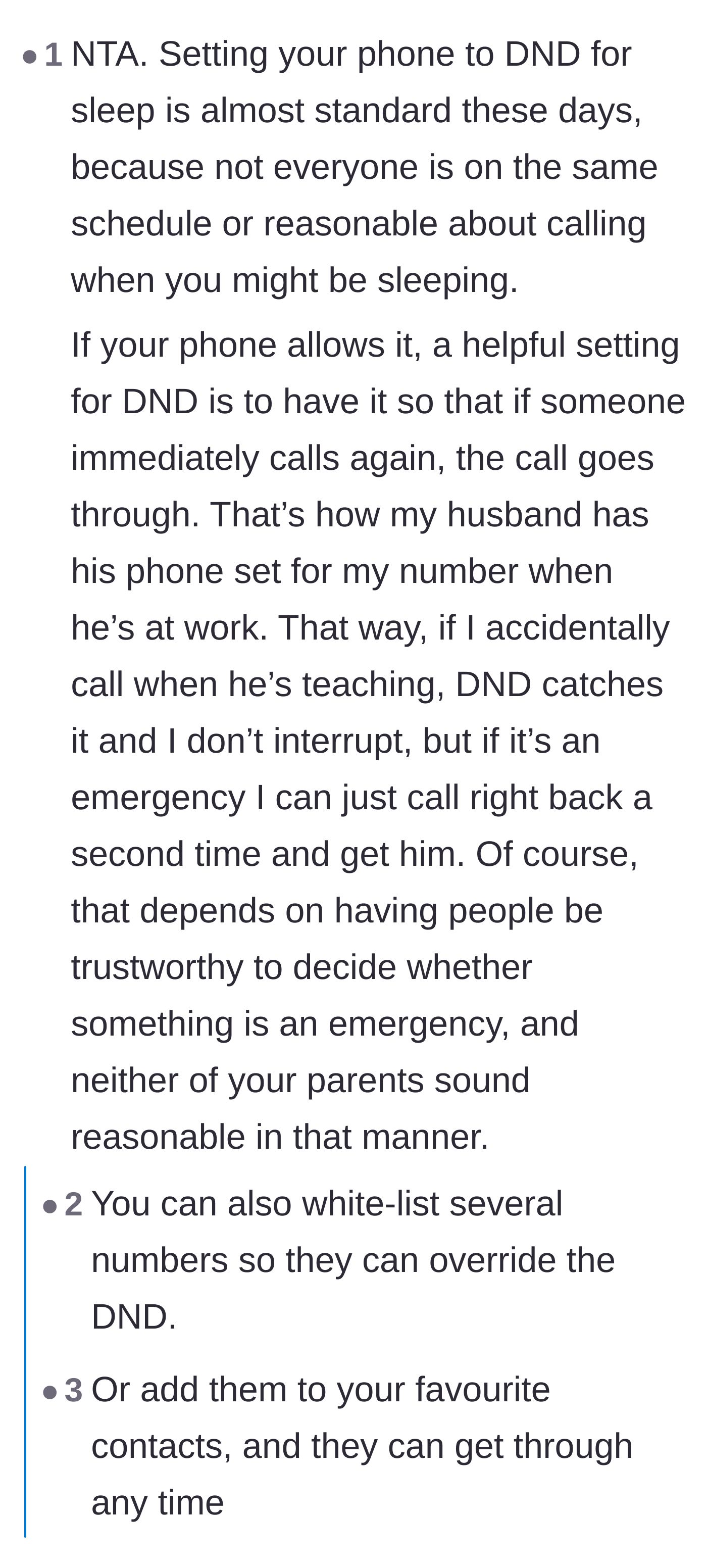 Comment thread 5 - Tips on how Do Not Disturb modes work and agreement that the parents are too unreasonable to be trusted with emergency access.