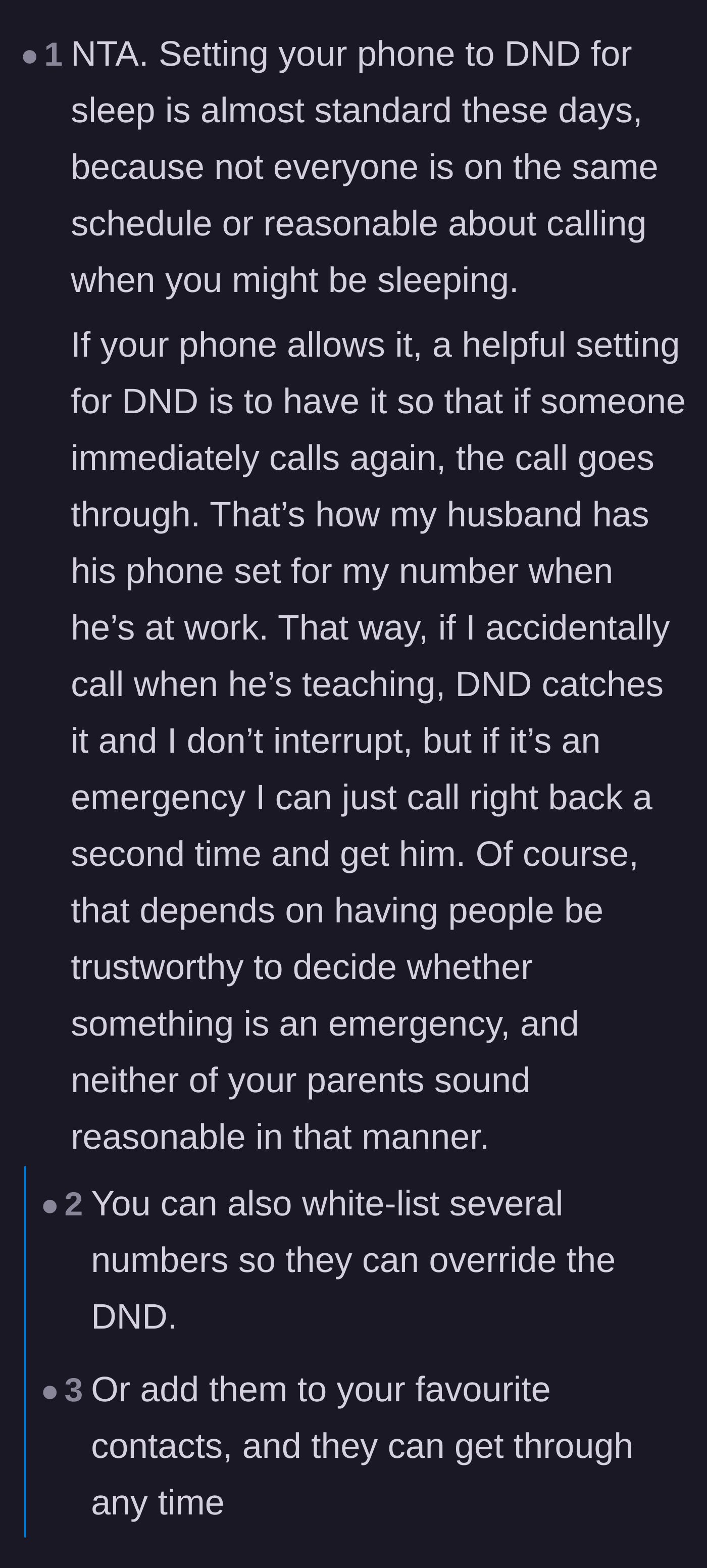 Comment thread 5 - Tips on how Do Not Disturb modes work and agreement that the parents are too unreasonable to be trusted with emergency access.