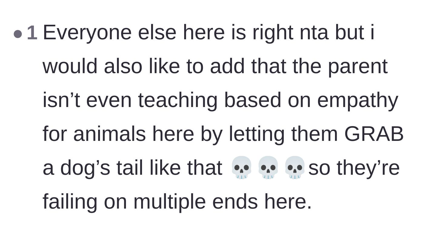 Comment thread 3 - A reader pointing out the parent's failure to teach their child basic empathy and physical boundaries with animals.