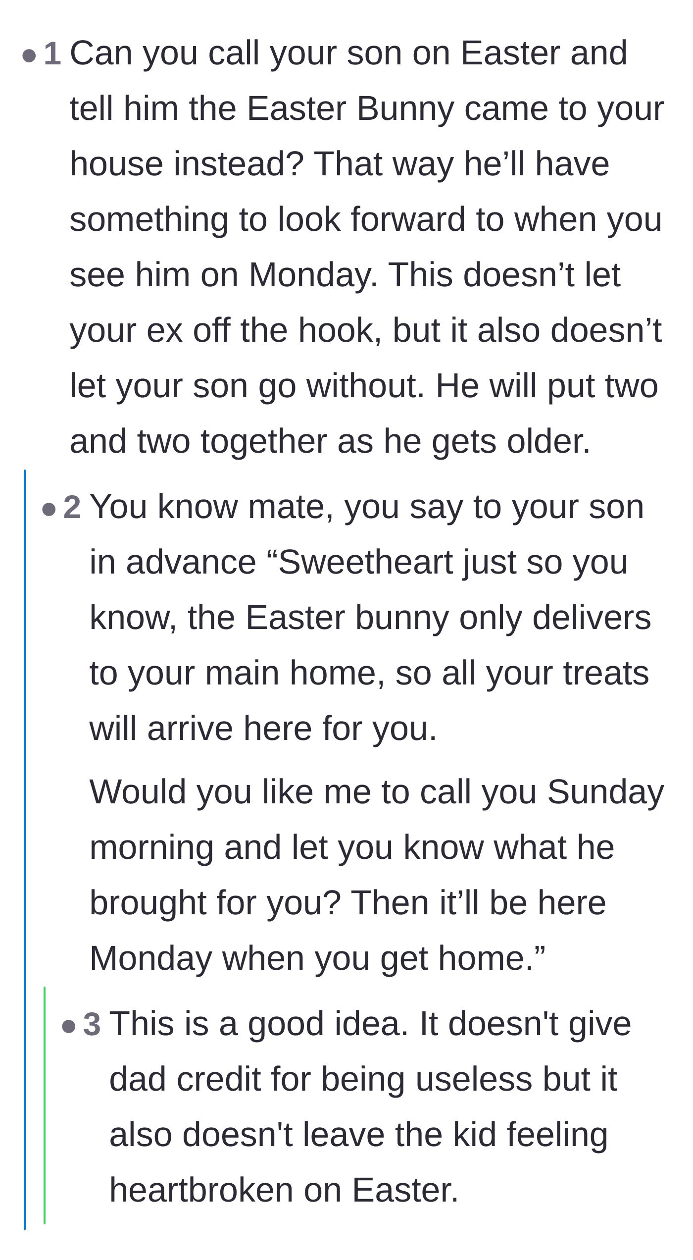 Comment thread 2 - Debating whether a preemptive phone call about the Easter Bunny's delivery location lets the dad off the hook.