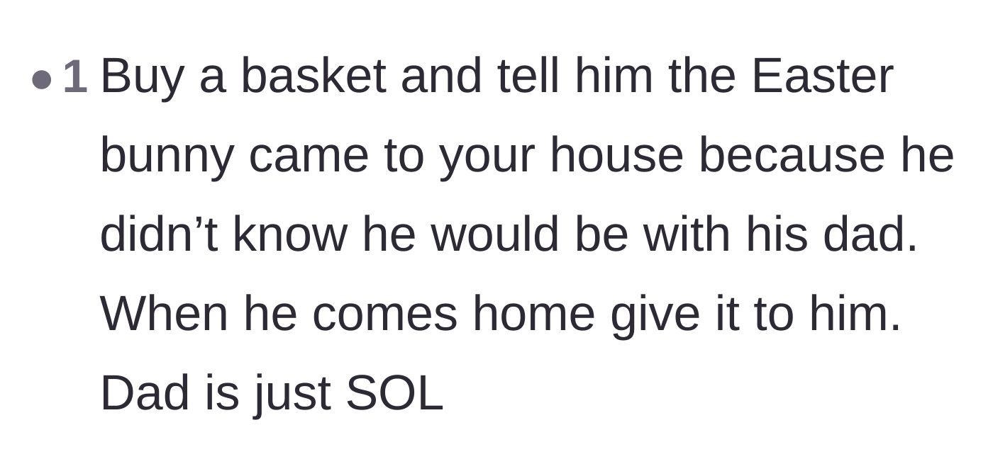 Comment thread 4 - A straightforward ruling that the mother should secure the gifts at her own house and leave the father to face the consequences.