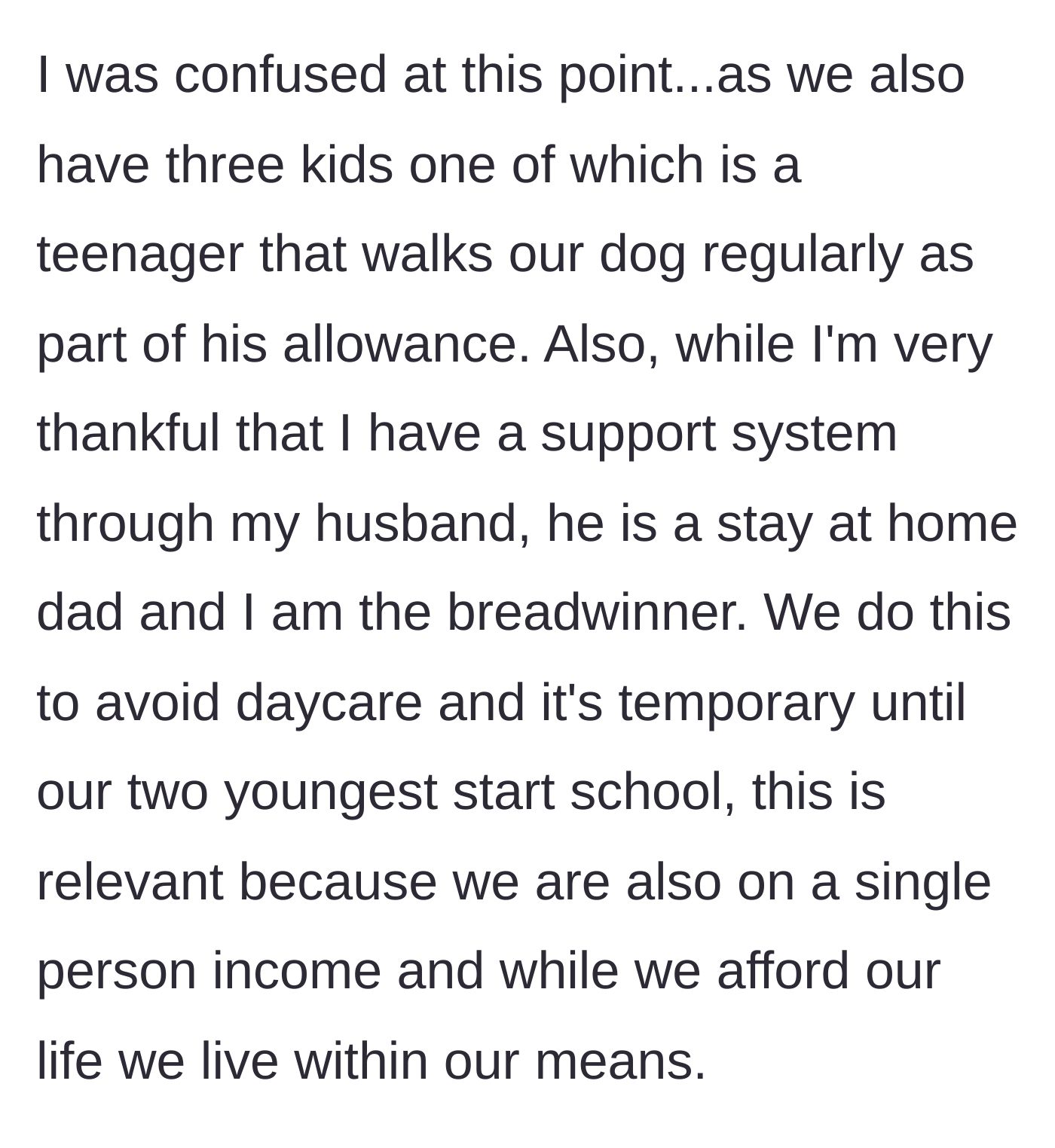 Story part 3 - The working mom explains her family's own tight budget and single-income status.