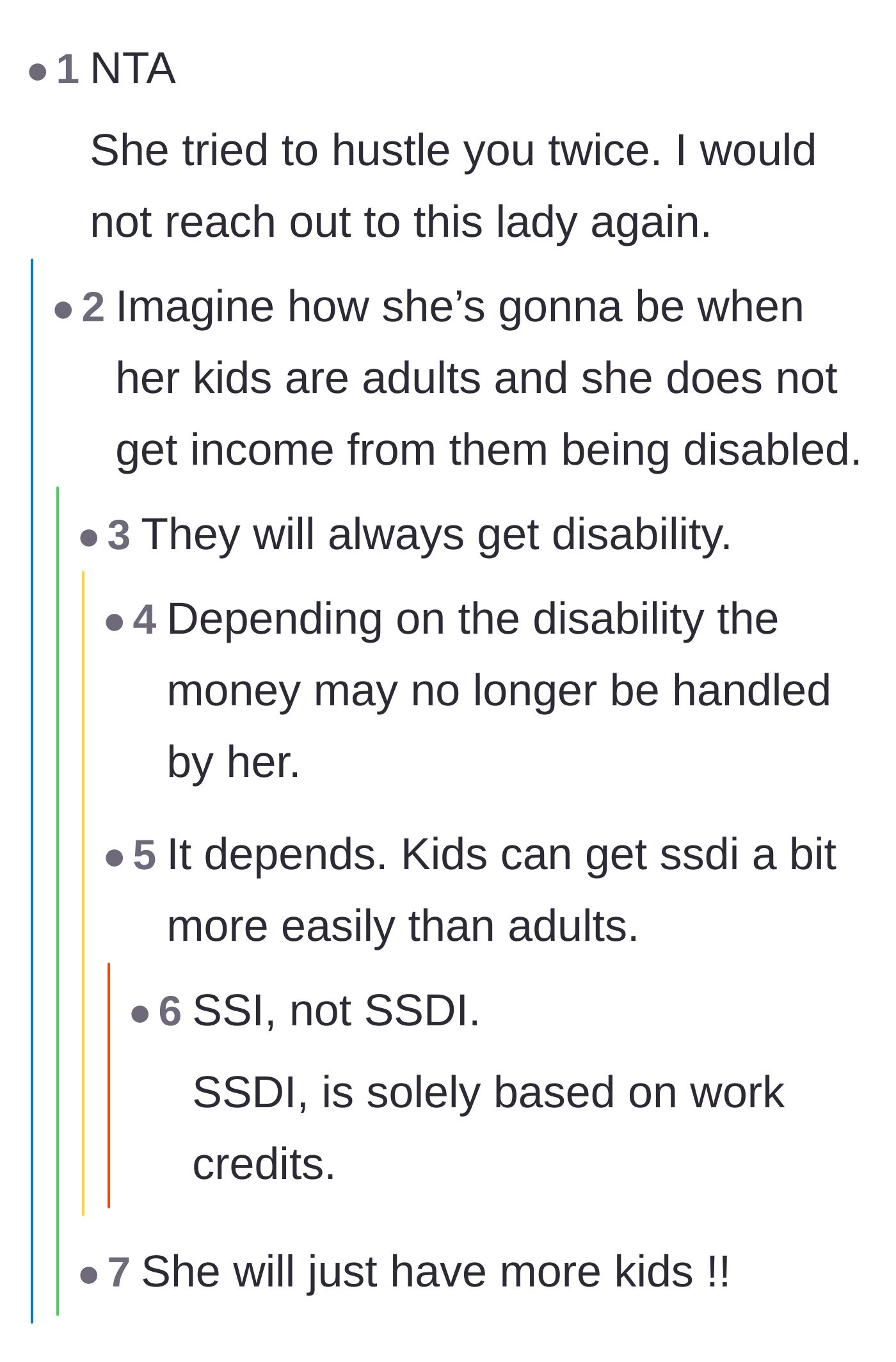 Comment thread 2 - A debate on the neighbor's double hustle attempts and the long-term reality of depending on disability benefits.