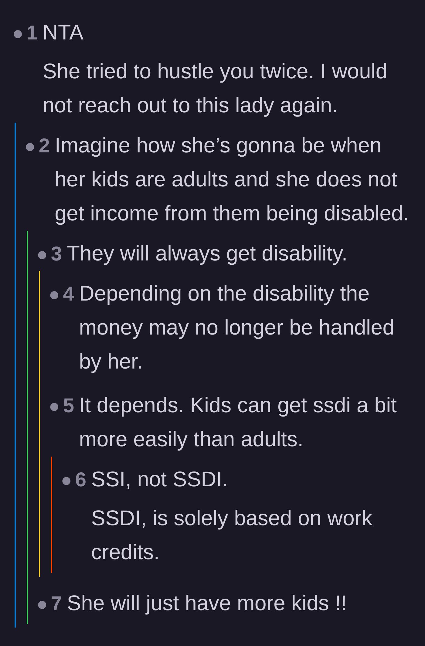 Comment thread 2 - A debate on the neighbor's double hustle attempts and the long-term reality of depending on disability benefits.