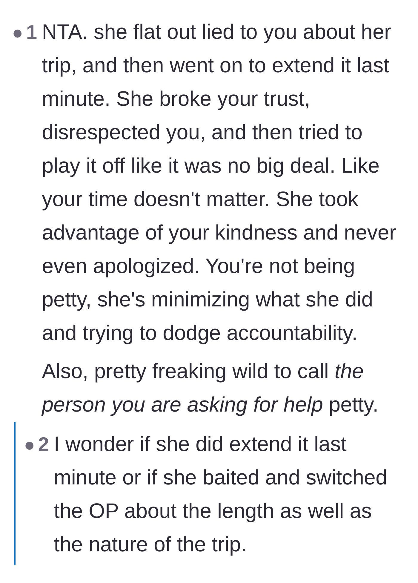 Comment thread 2 - Thread discussing how wild it is for the sister to call the main character petty after shattering their trust with a bait-and-switch.