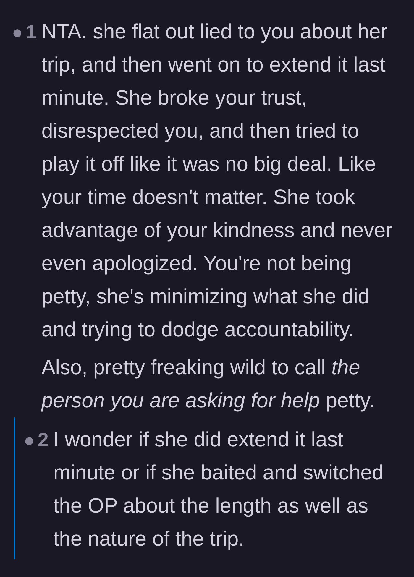 Comment thread 2 - Thread discussing how wild it is for the sister to call the main character petty after shattering their trust with a bait-and-switch.