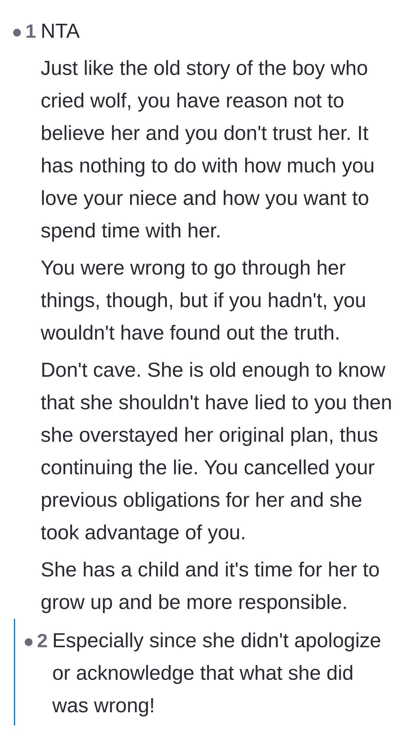 Comment thread 4 - A thread comparing the sister to the Boy Who Cried Wolf, emphasizing that past lies justify current distrust.