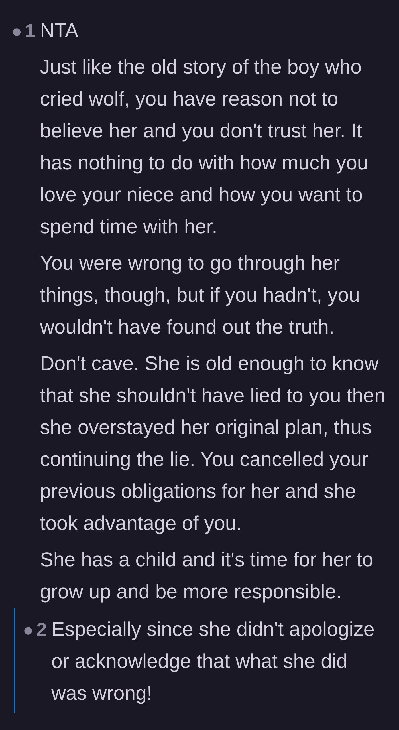 Comment thread 4 - A thread comparing the sister to the Boy Who Cried Wolf, emphasizing that past lies justify current distrust.