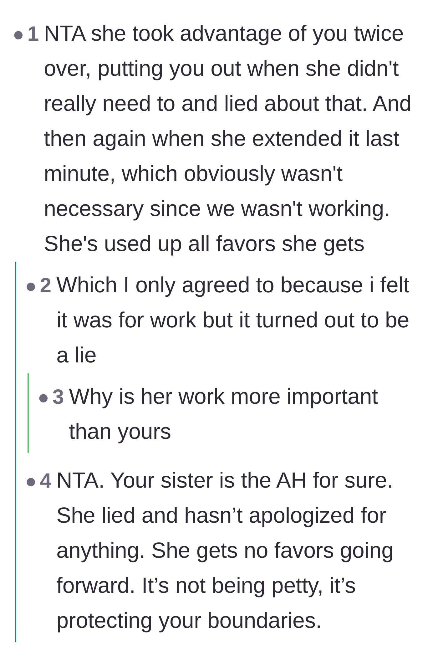 Comment thread 5 - Commenters question why the sister's time was valued above the main character's own career, joking that her 'work' was actually a date.