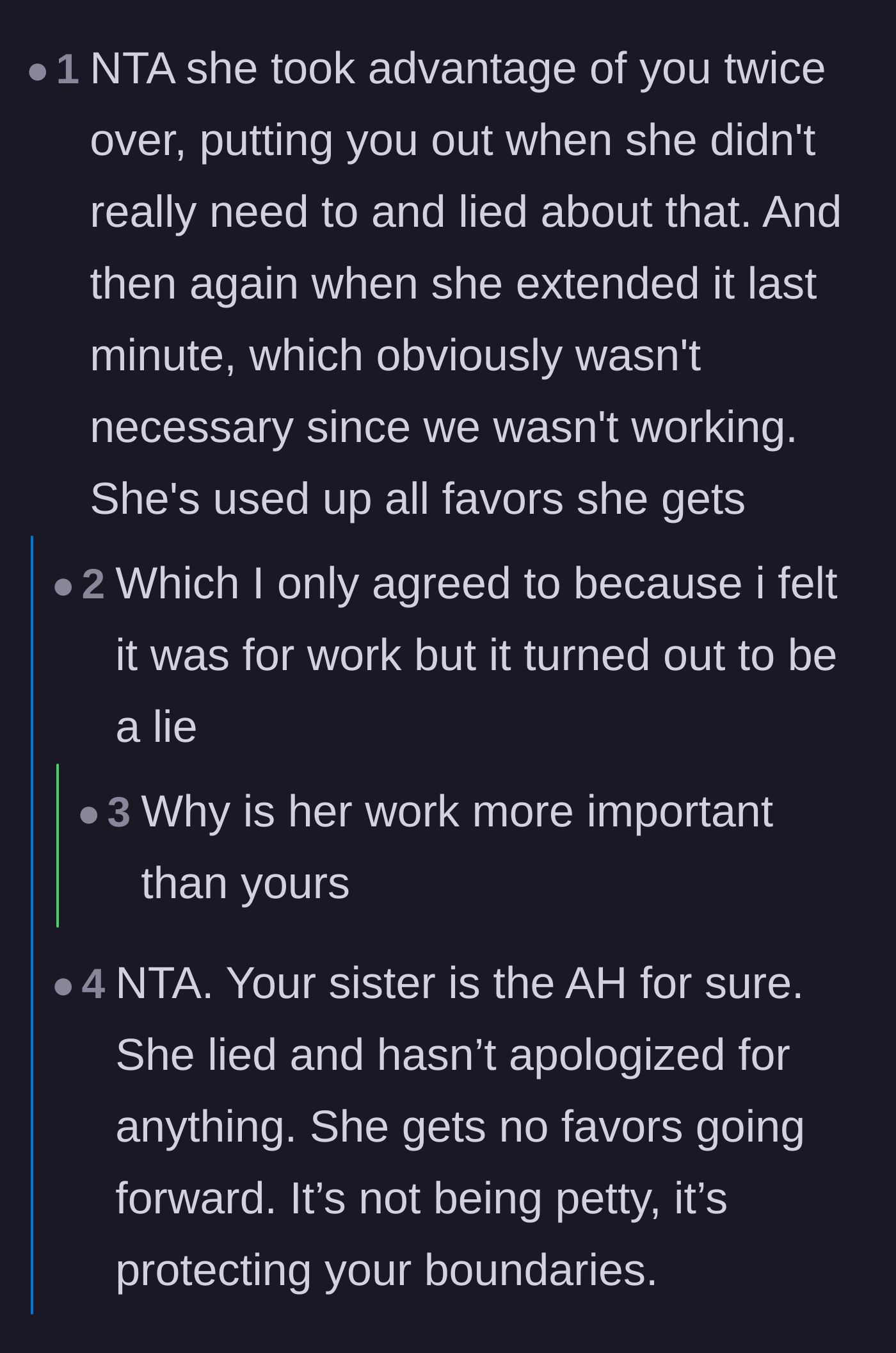 Comment thread 5 - Commenters question why the sister's time was valued above the main character's own career, joking that her 'work' was actually a date.