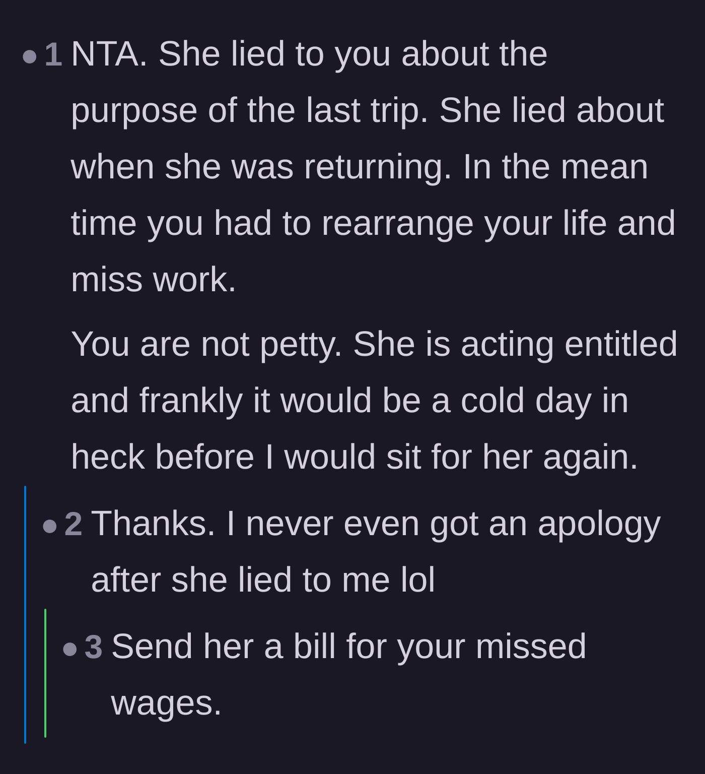 Comment thread 6 - Thread suggesting the main character should invoice the sister for the wages lost during the fake work trip.