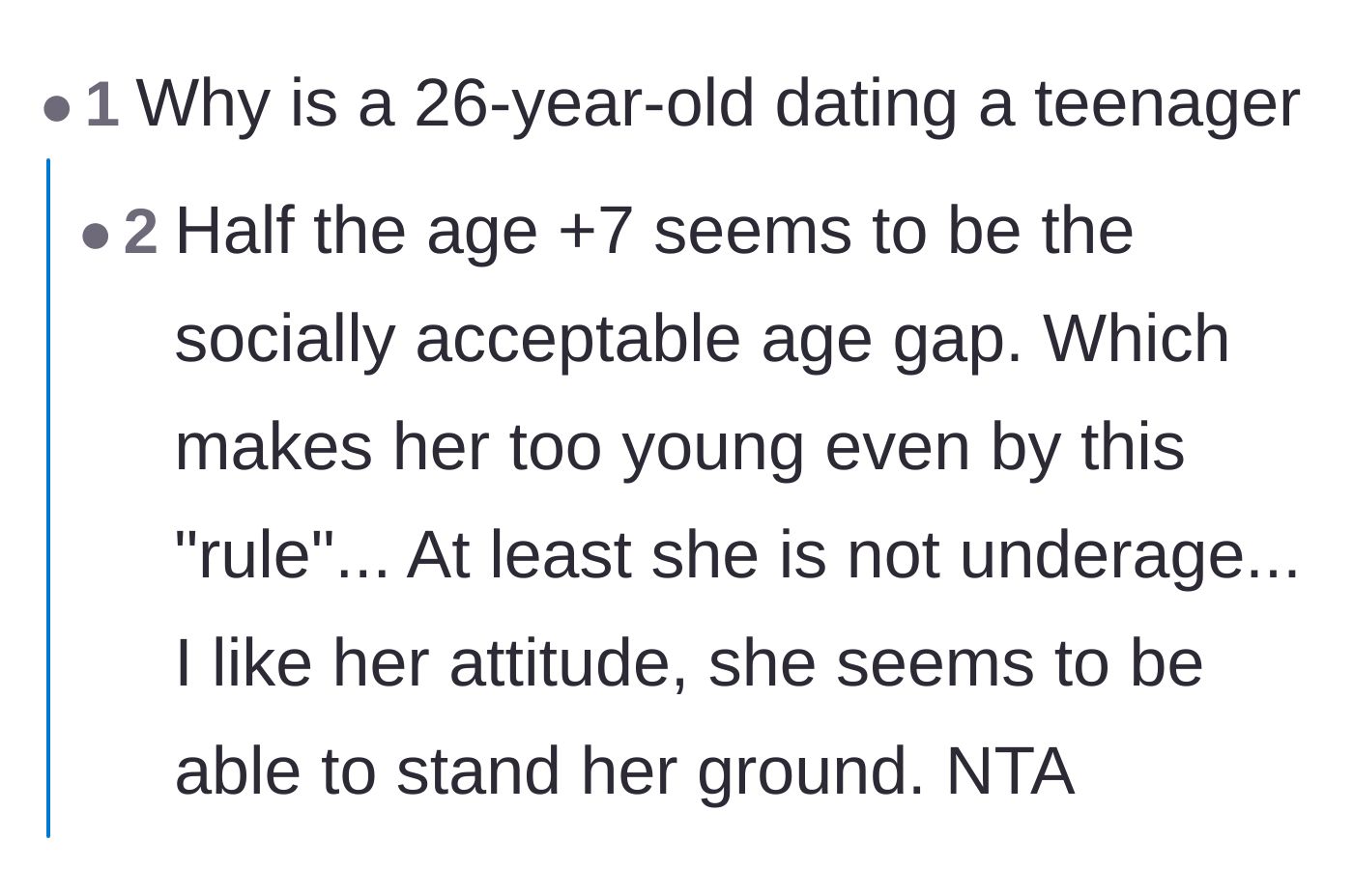 Comment thread 1 - Readers debating the creepiness of the age gap and debunking the half-your-age-plus-seven rule.