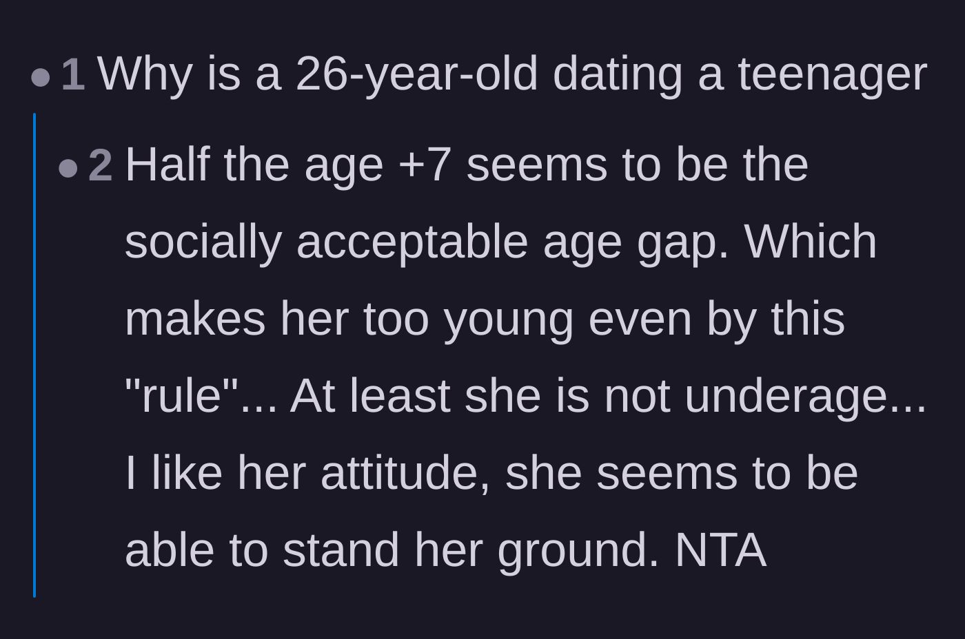 Comment thread 1 - Readers debating the creepiness of the age gap and debunking the half-your-age-plus-seven rule.