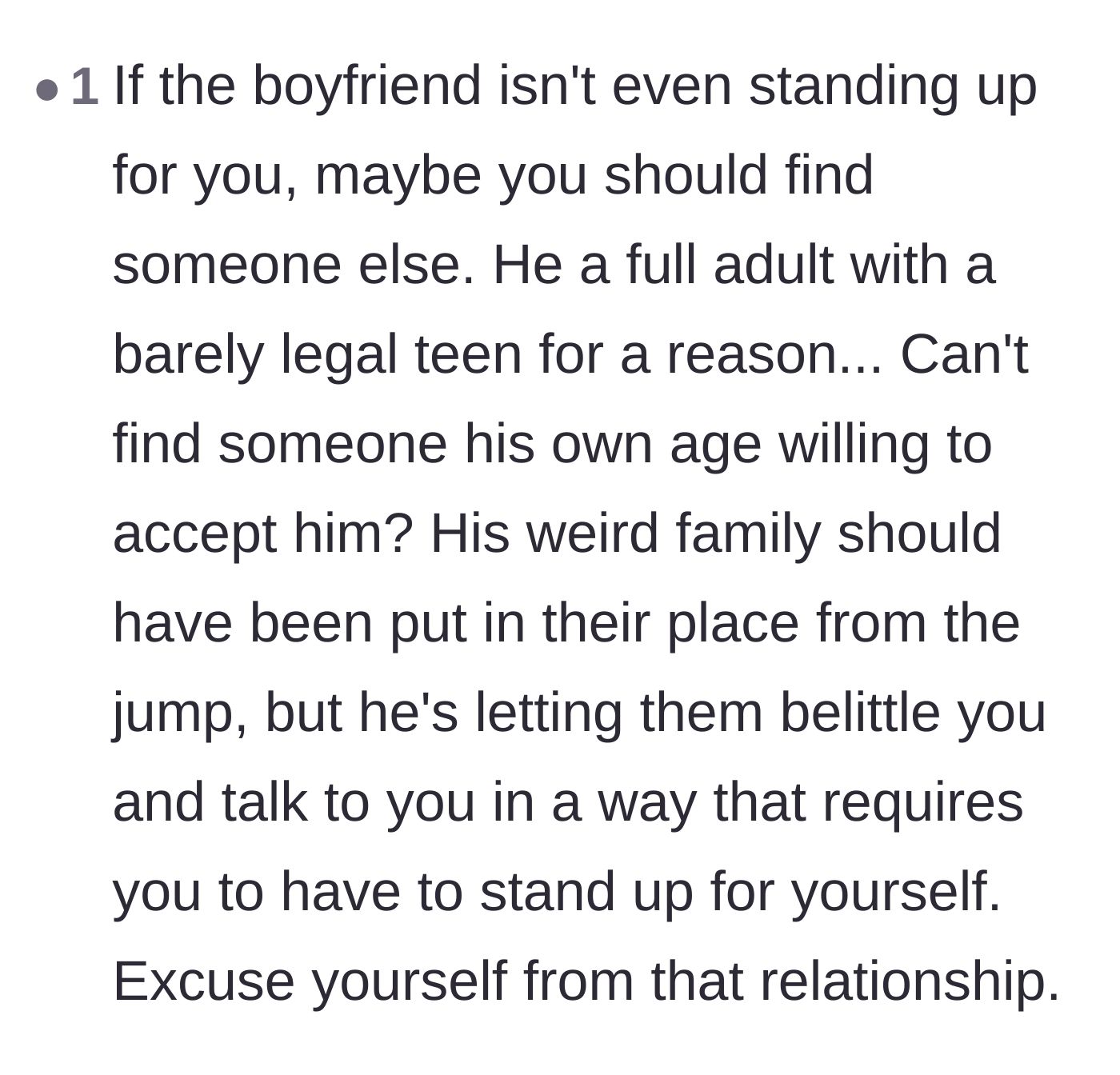 Comment thread 3 - Advice telling the girlfriend to dump her boyfriend because he failed to stand up for her against his toxic family.