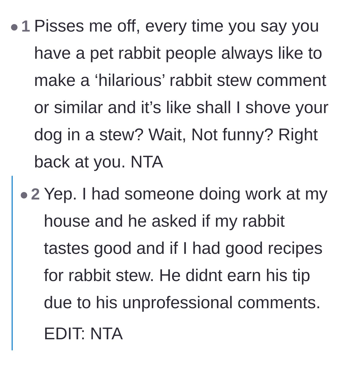Comment thread 4 - Pet owners commiserating over how common, unoriginal, and infuriating jokes about eating their non-traditional pets are.