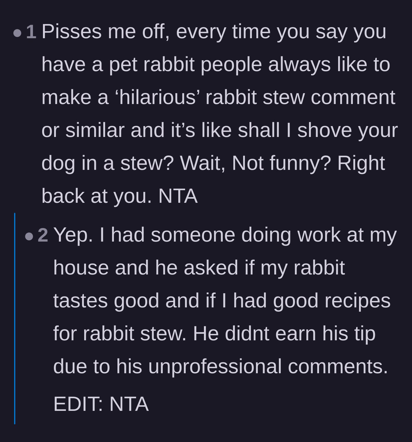 Comment thread 4 - Pet owners commiserating over how common, unoriginal, and infuriating jokes about eating their non-traditional pets are.