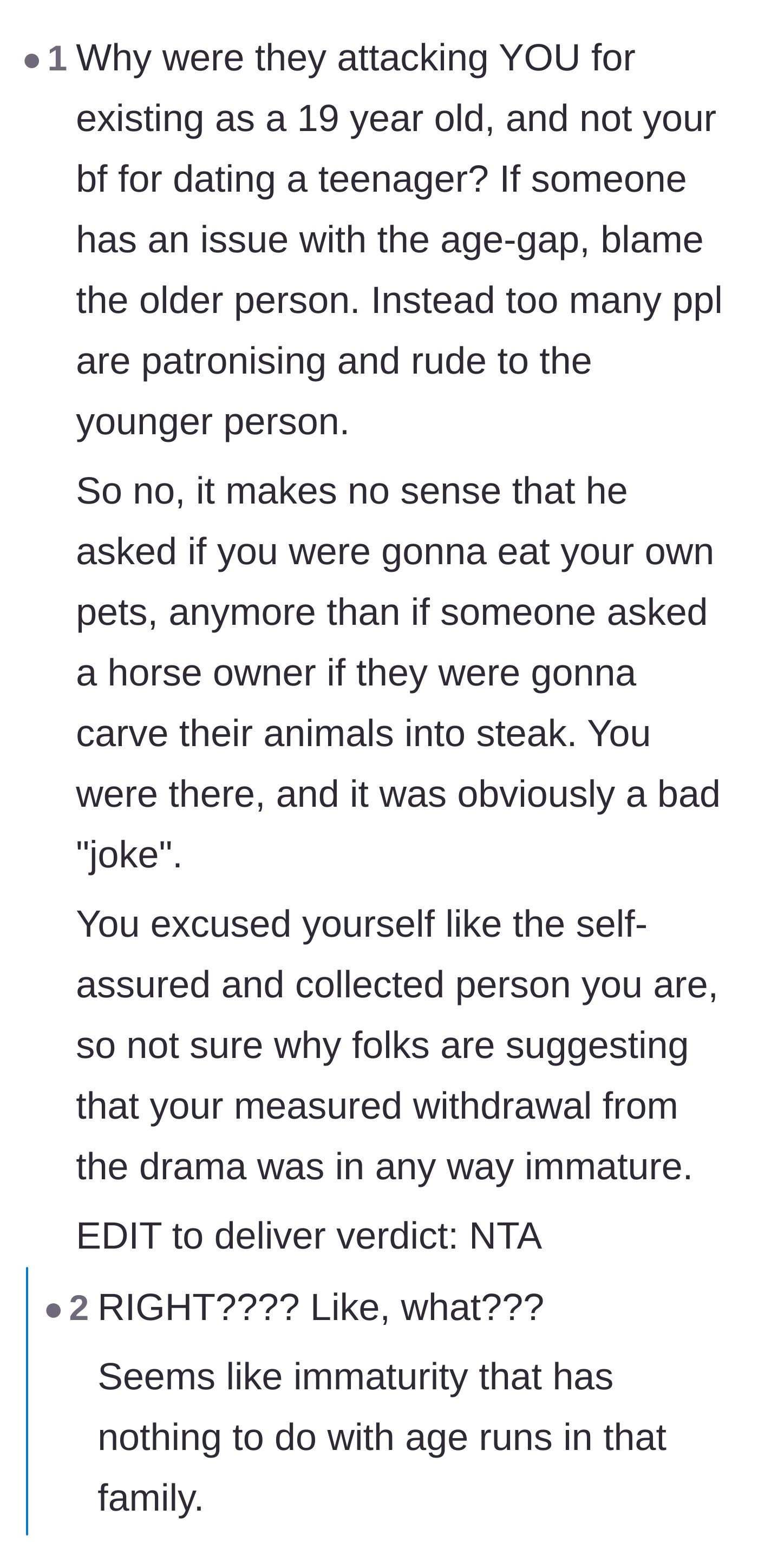 Comment thread 6 - Pointing out the hypocrisy of the parents attacking the teenage girlfriend for her age instead of holding their adult son accountable.