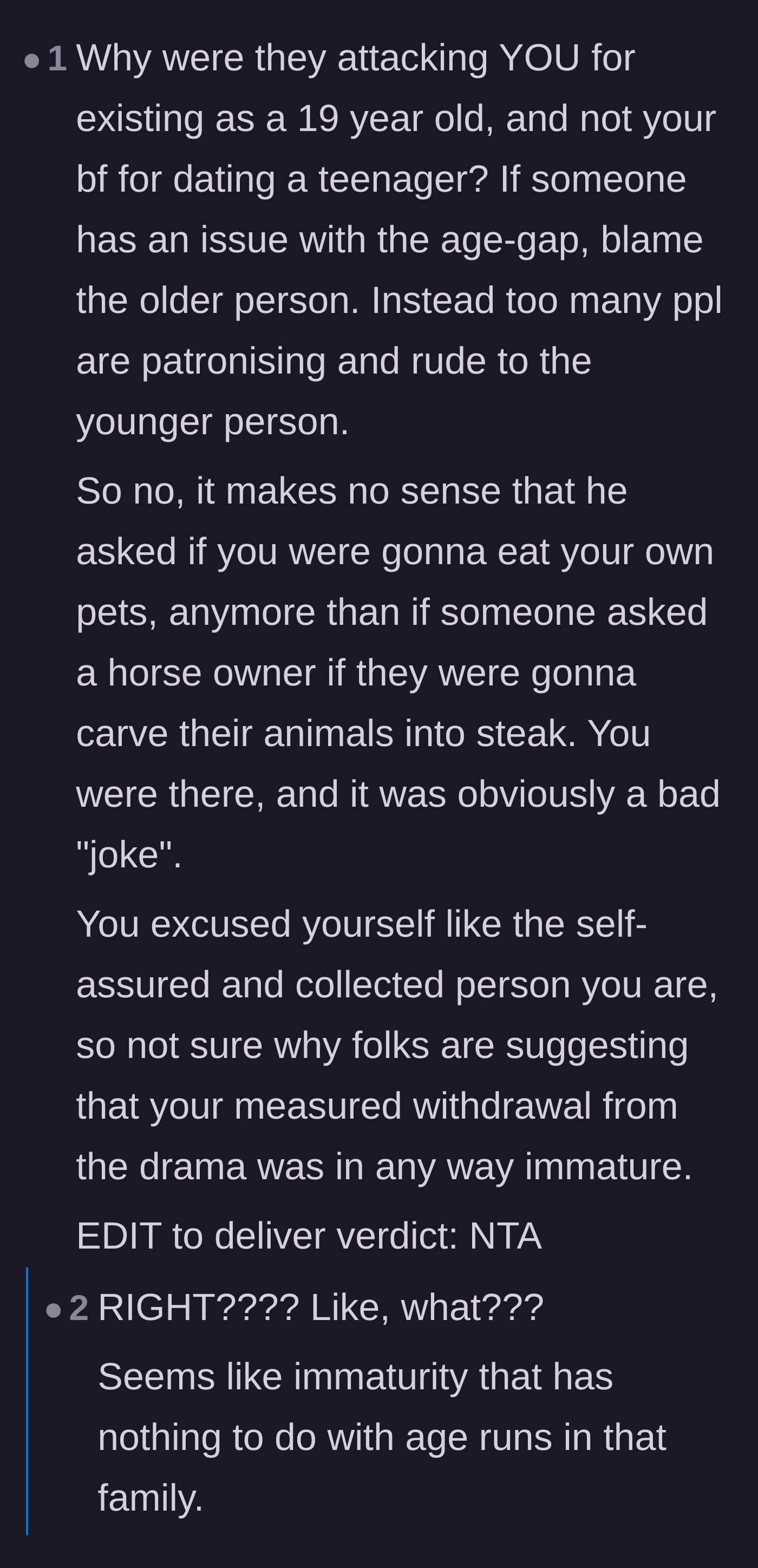 Comment thread 6 - Pointing out the hypocrisy of the parents attacking the teenage girlfriend for her age instead of holding their adult son accountable.