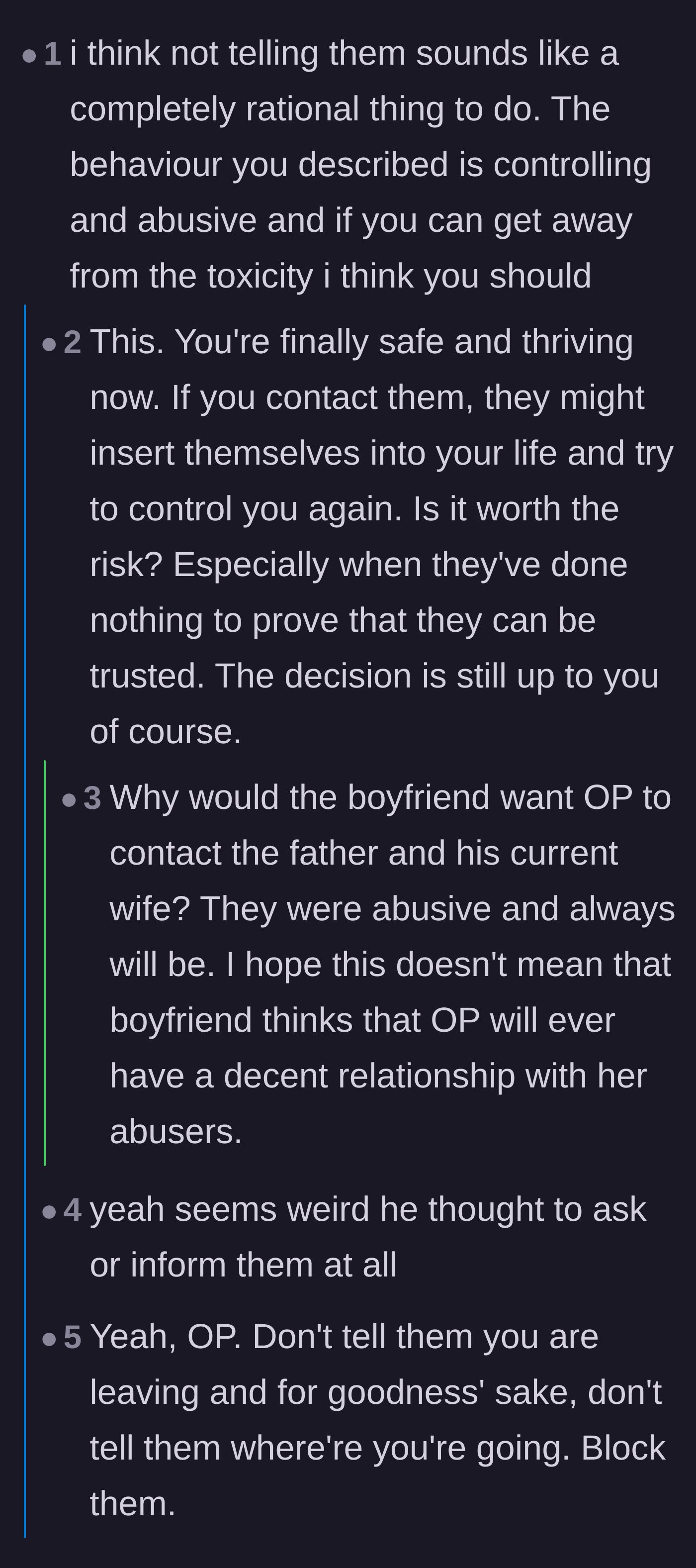Comment thread 1 - Readers warn about the risks of breaking no-contact and how the stepmother might retaliate with weaponized welfare checks.