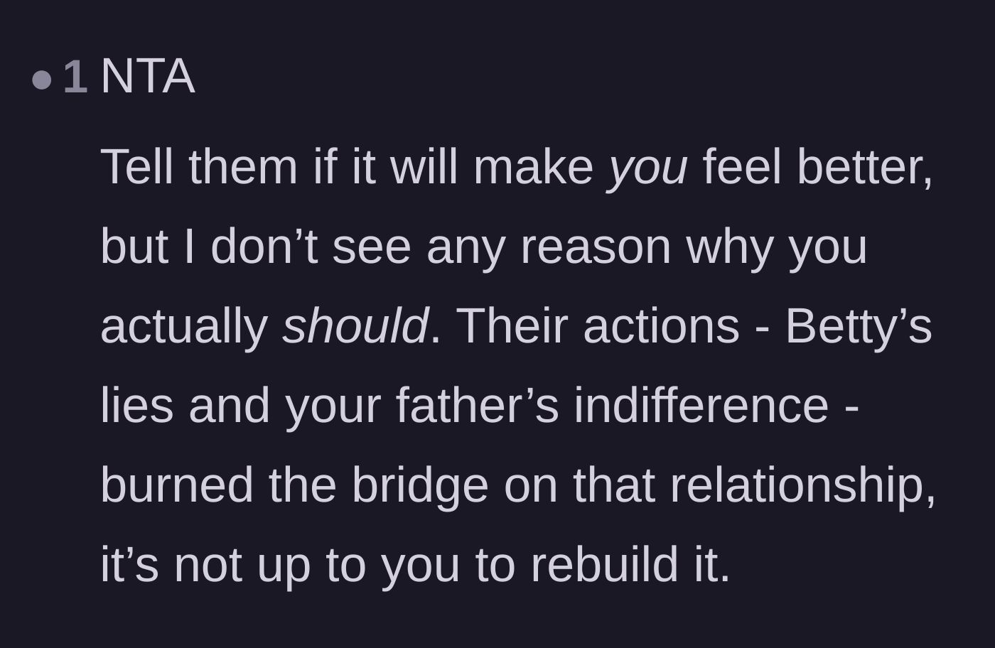 Comment thread 2 - A reminder that the father and stepmother burned the relationship bridge, not the daughter.