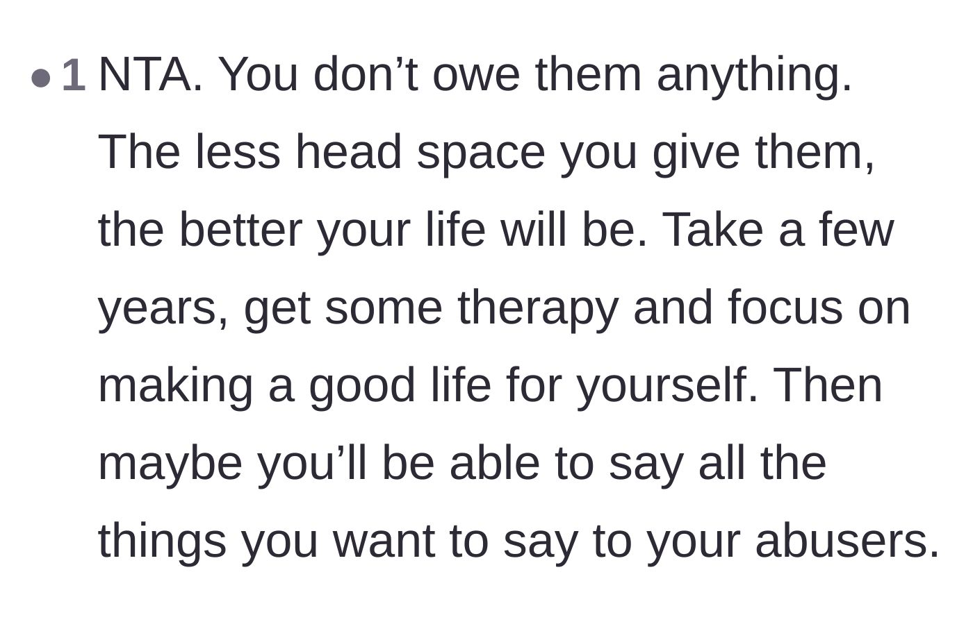 Comment thread 3 - Advice urging the main character to prioritize her mental peace and seek therapy before ever facing her abusers again.