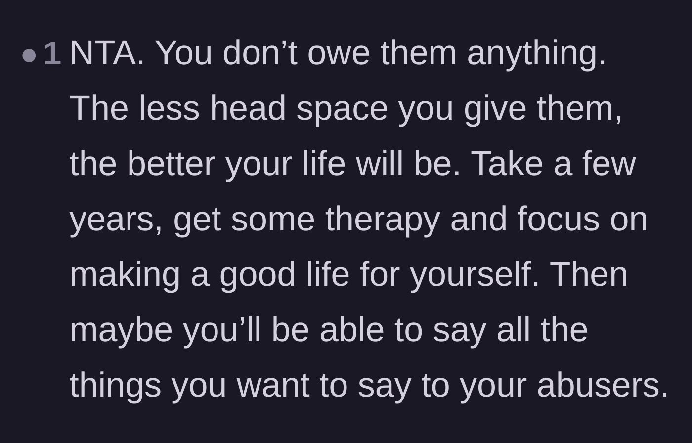 Comment thread 3 - Advice urging the main character to prioritize her mental peace and seek therapy before ever facing her abusers again.