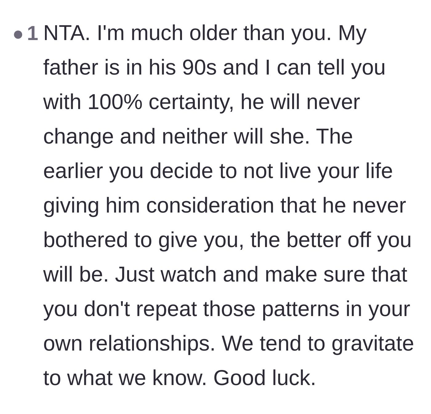 Comment thread 5 - An older reader shares their own experience, warning that toxic parents rarely change and to guard her own future relationships.
