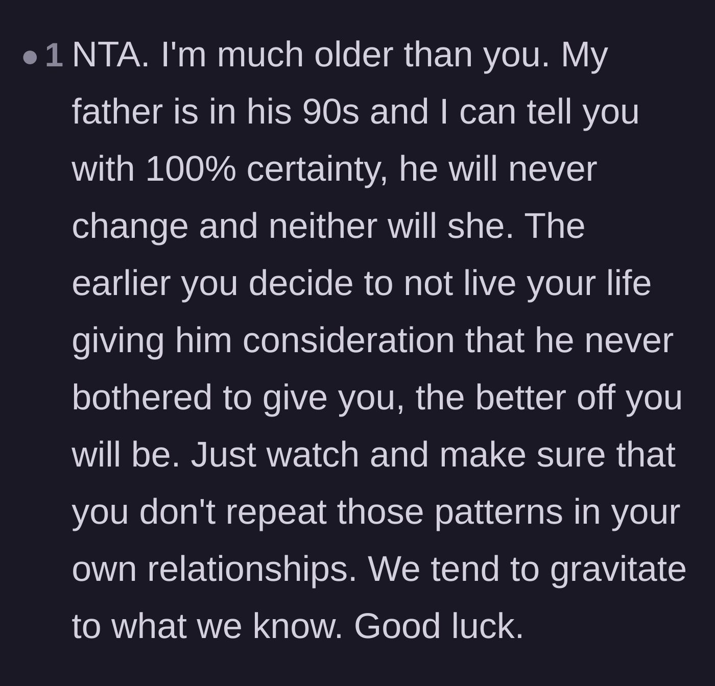 Comment thread 5 - An older reader shares their own experience, warning that toxic parents rarely change and to guard her own future relationships.