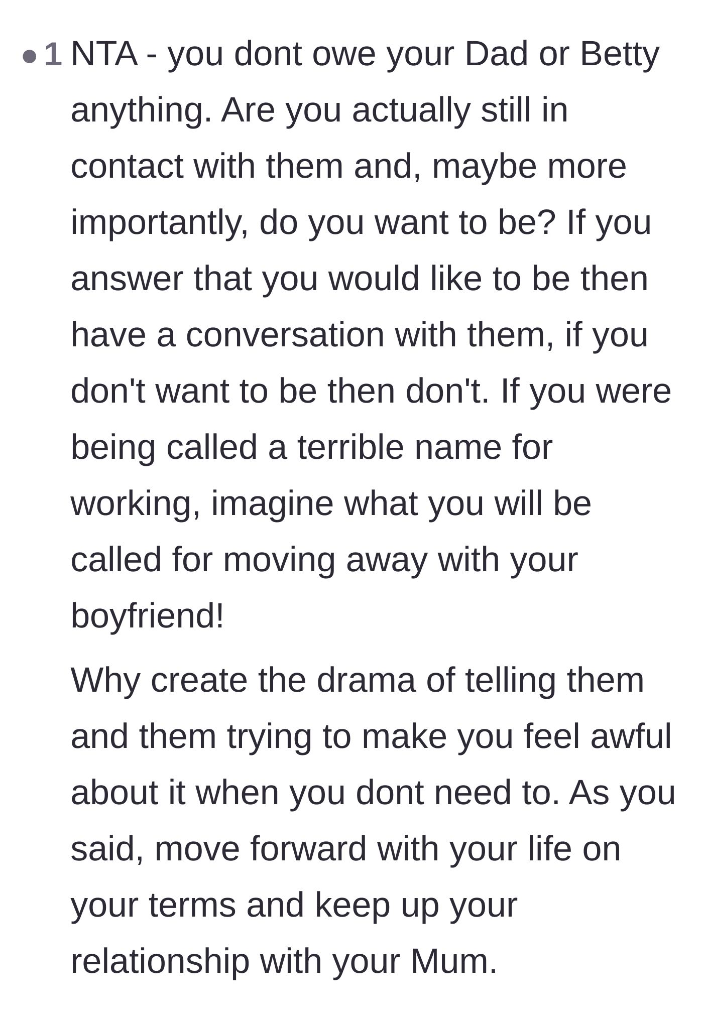 Comment thread 6 - A practical breakdown of how informing her father will only result in more unearned insults and manufactured drama.