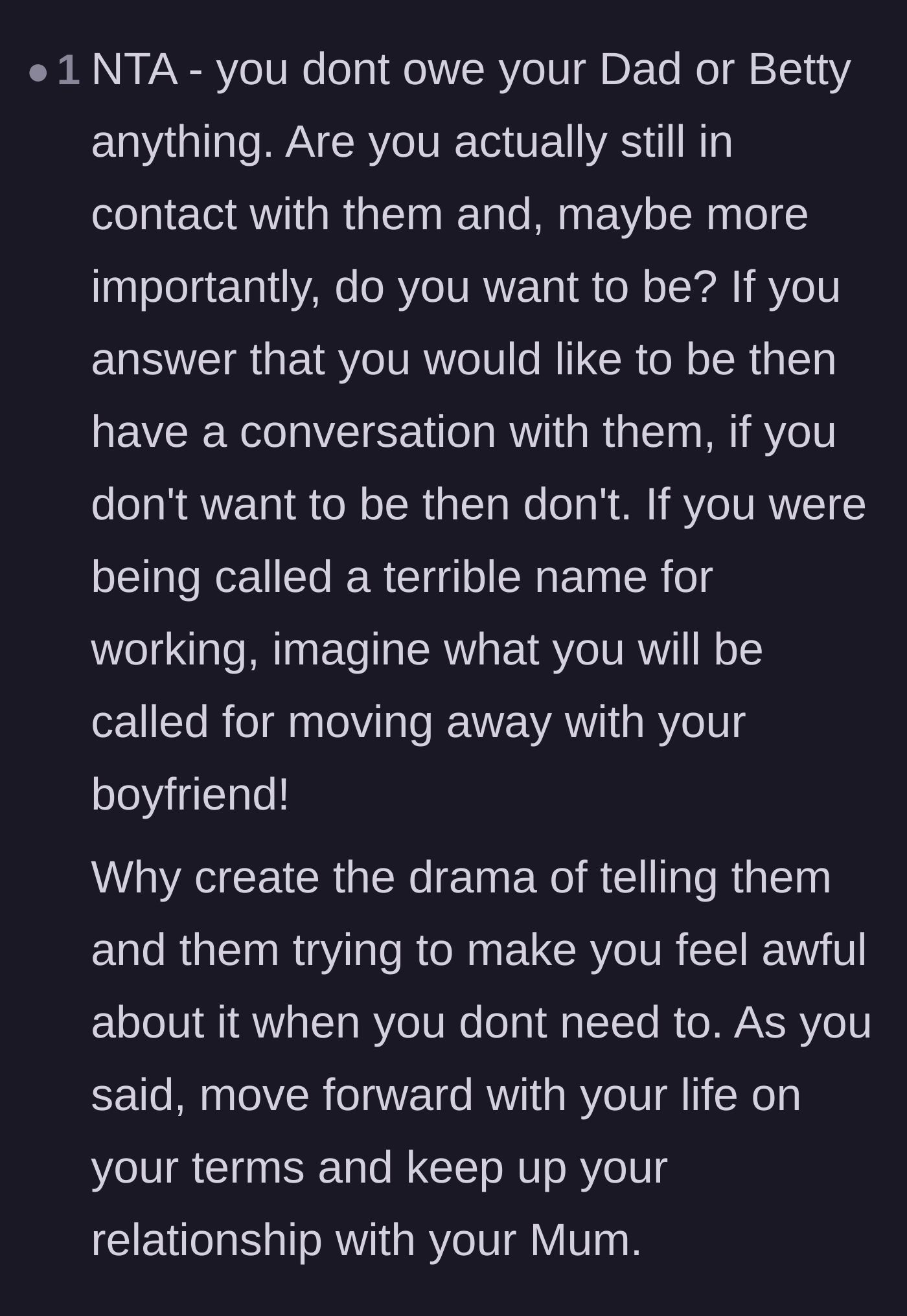 Comment thread 6 - A practical breakdown of how informing her father will only result in more unearned insults and manufactured drama.