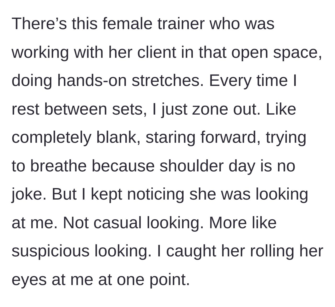 Story part 2 - A female trainer doing stretches and rolling her eyes